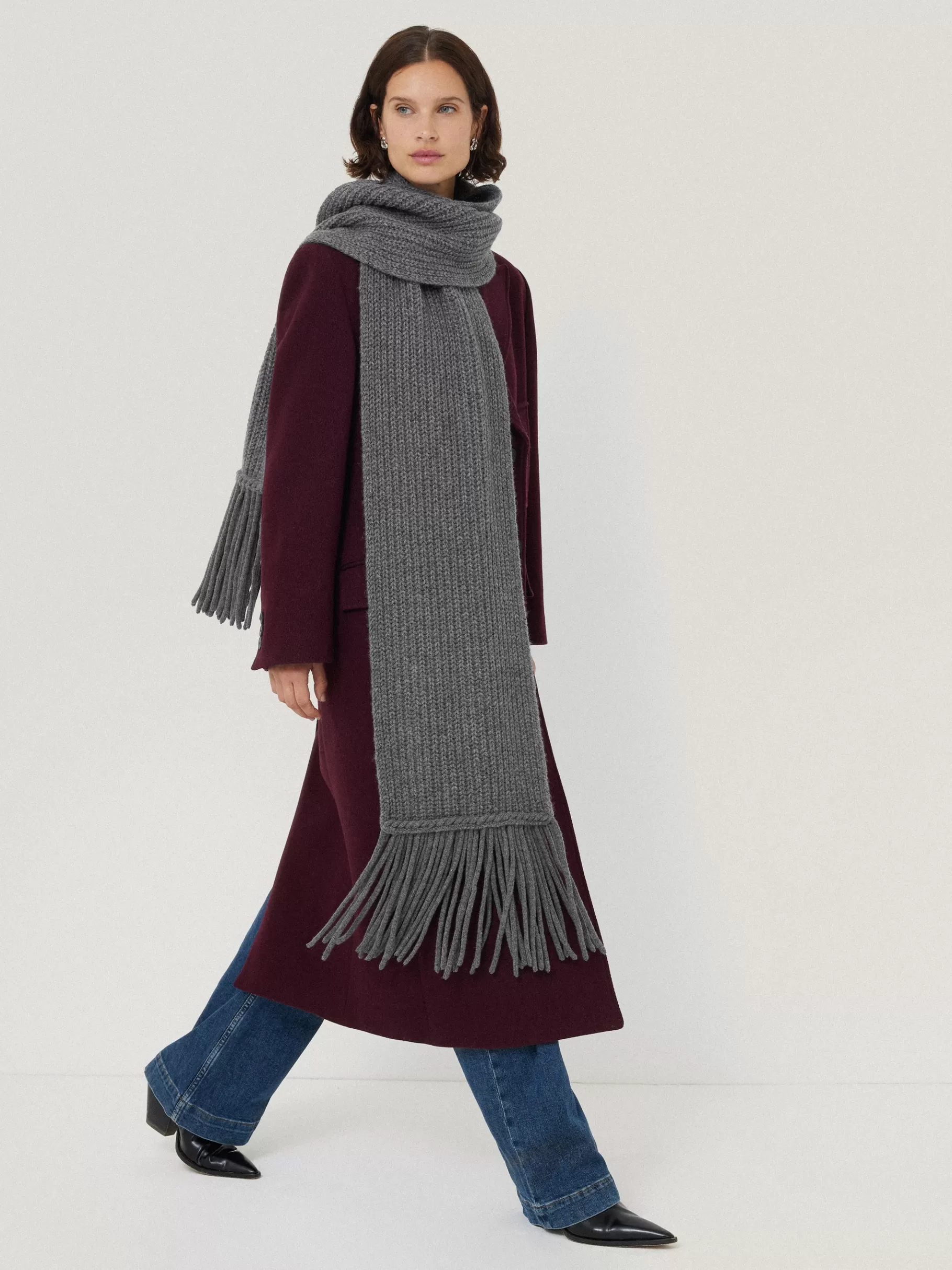 Jigsaw Ponchos & Scarves | Knitwear & Cashmere-Chunky Fringed Scarf Grey