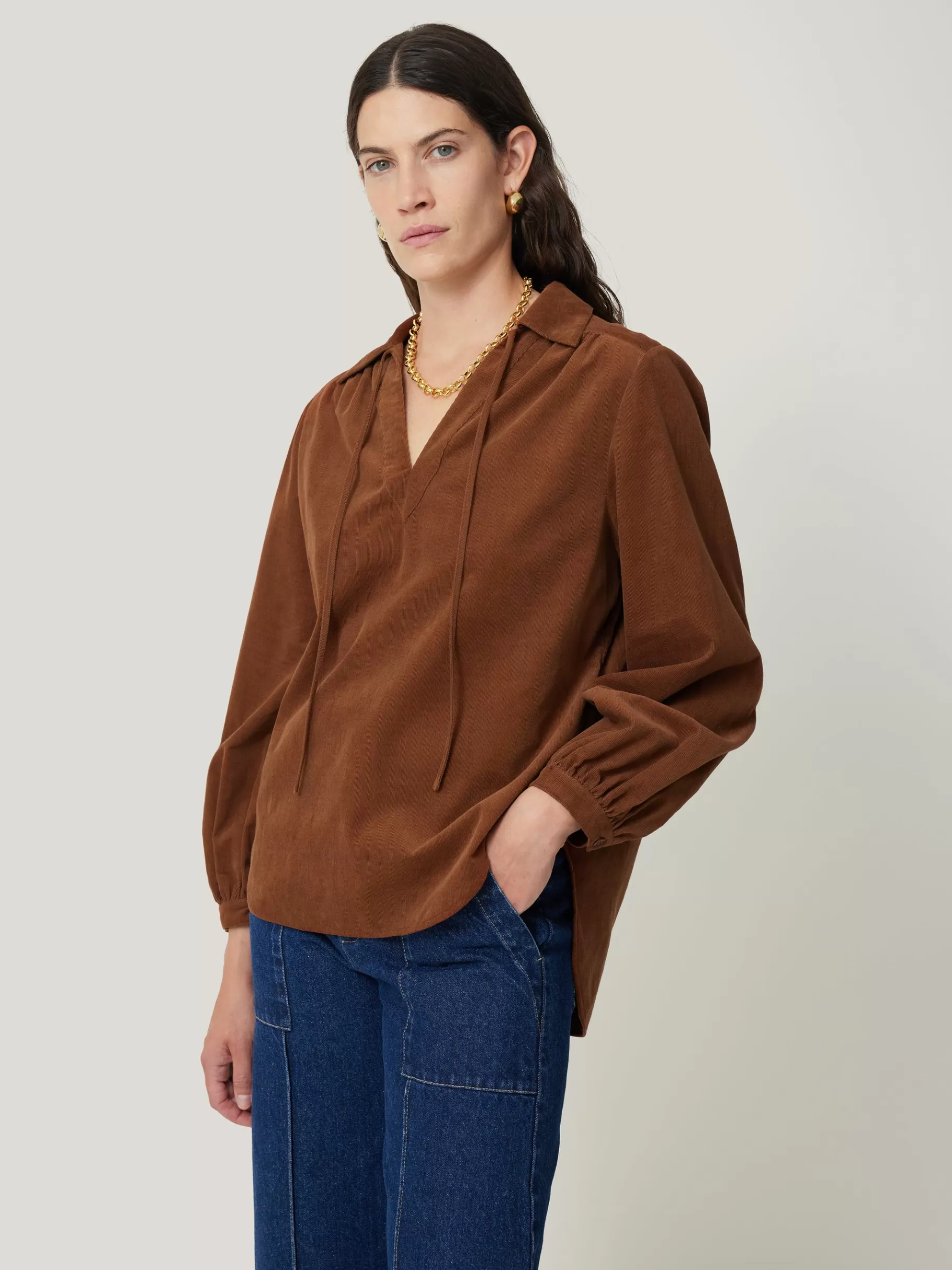 Jigsaw Shirts & Tops-Corduroy V Neck Top Brown