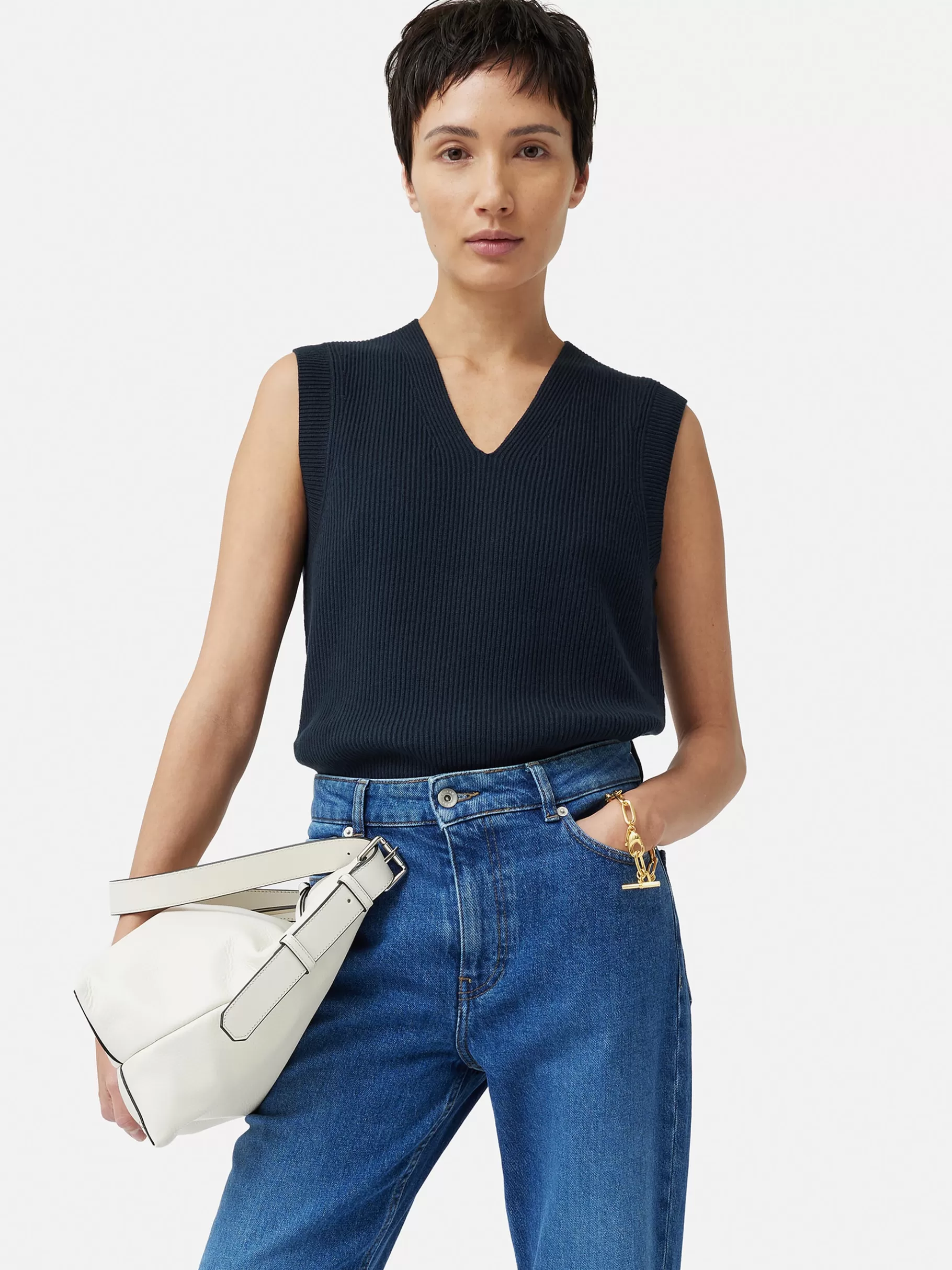 Jigsaw Knitwear & Cashmere-Cotton Blend V Neck Tank Navy