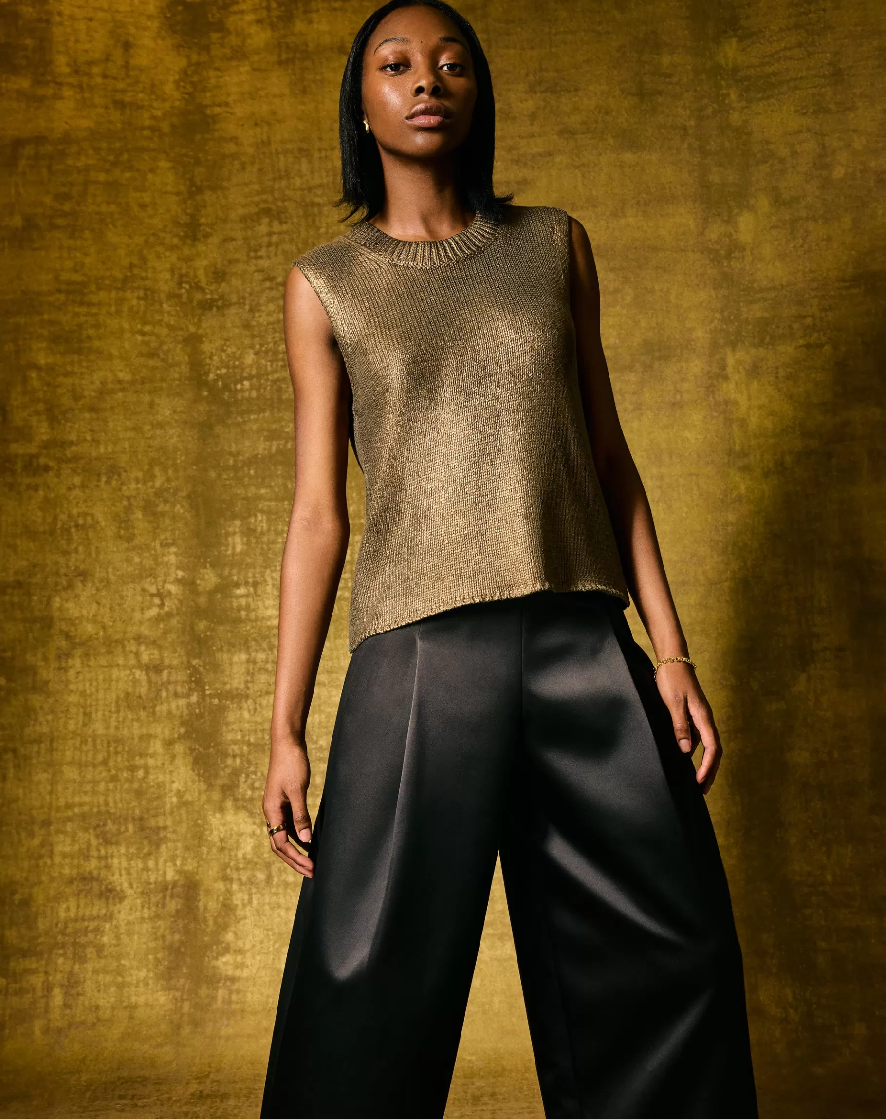 Jigsaw Party | Knitwear & Cashmere-Cotton Metallic Crew Tank Gold