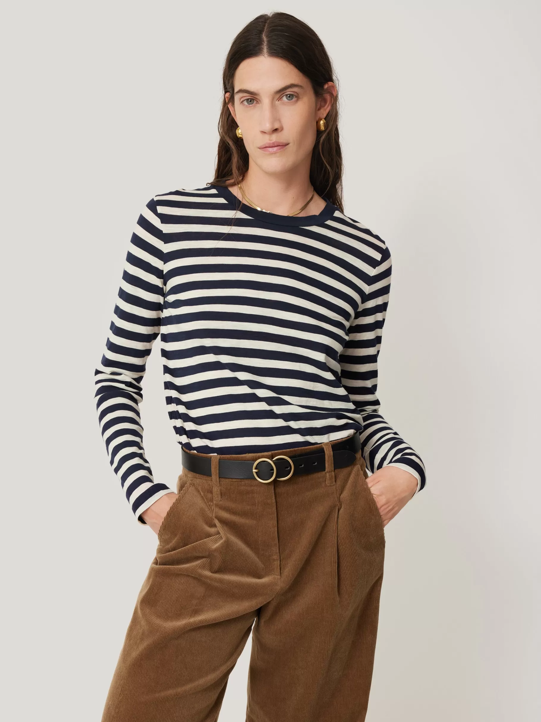 Jigsaw Pyjamas & Loungewear | Shirts & Tops-Cotton Slub Stripe Long Sleeve Tee Navy
