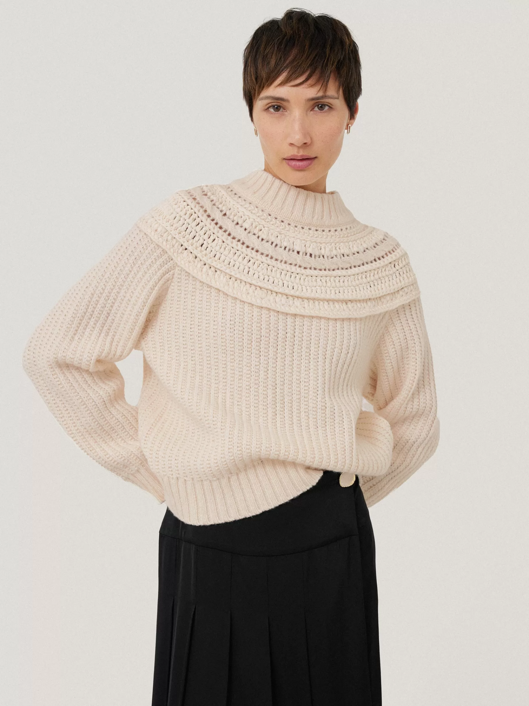 Jigsaw Knitwear & Cashmere-Crochet Yoke Jumper Cream