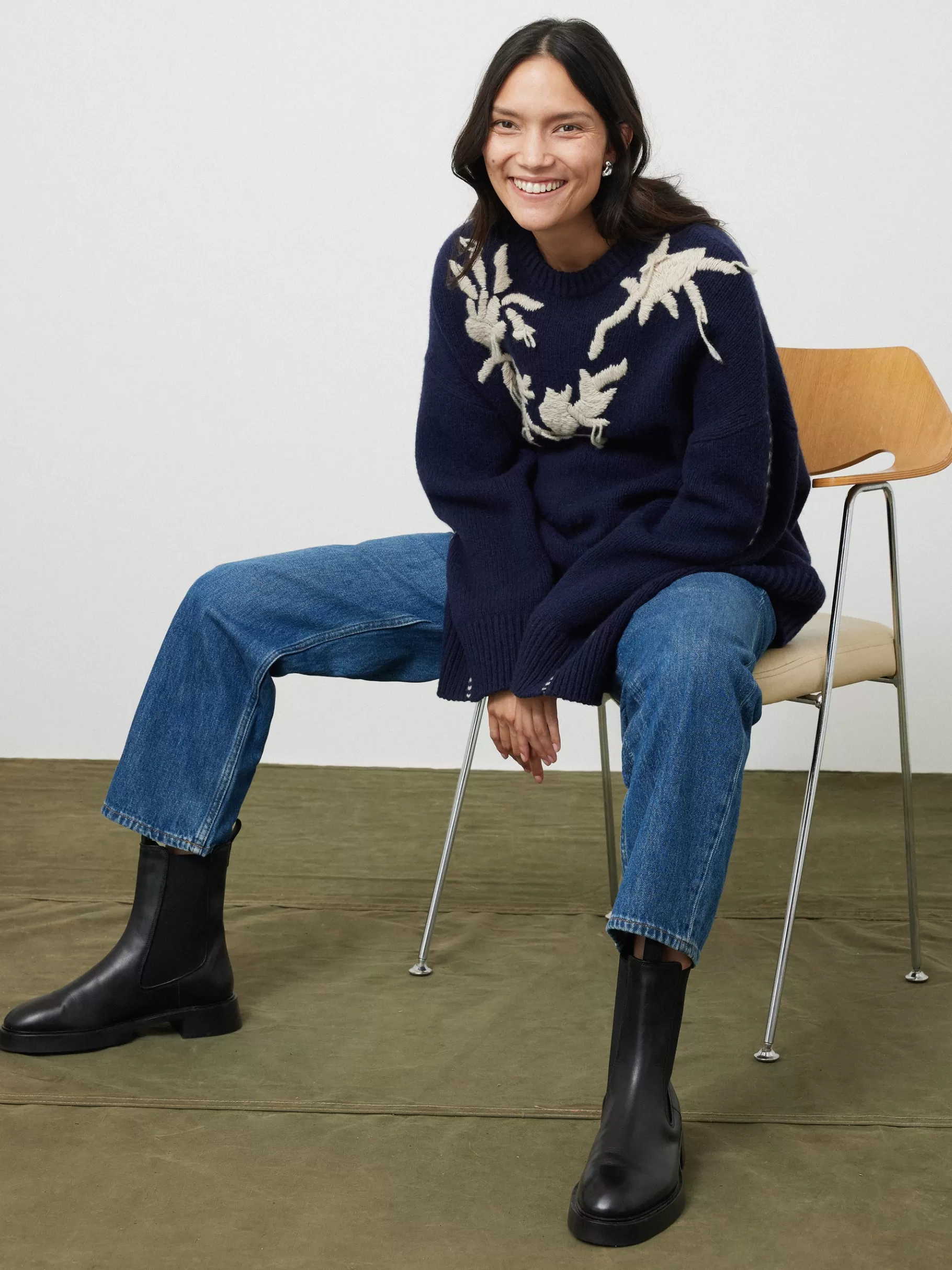 Jigsaw Knitwear & Cashmere-Embroidered Knitted Jumper Navy