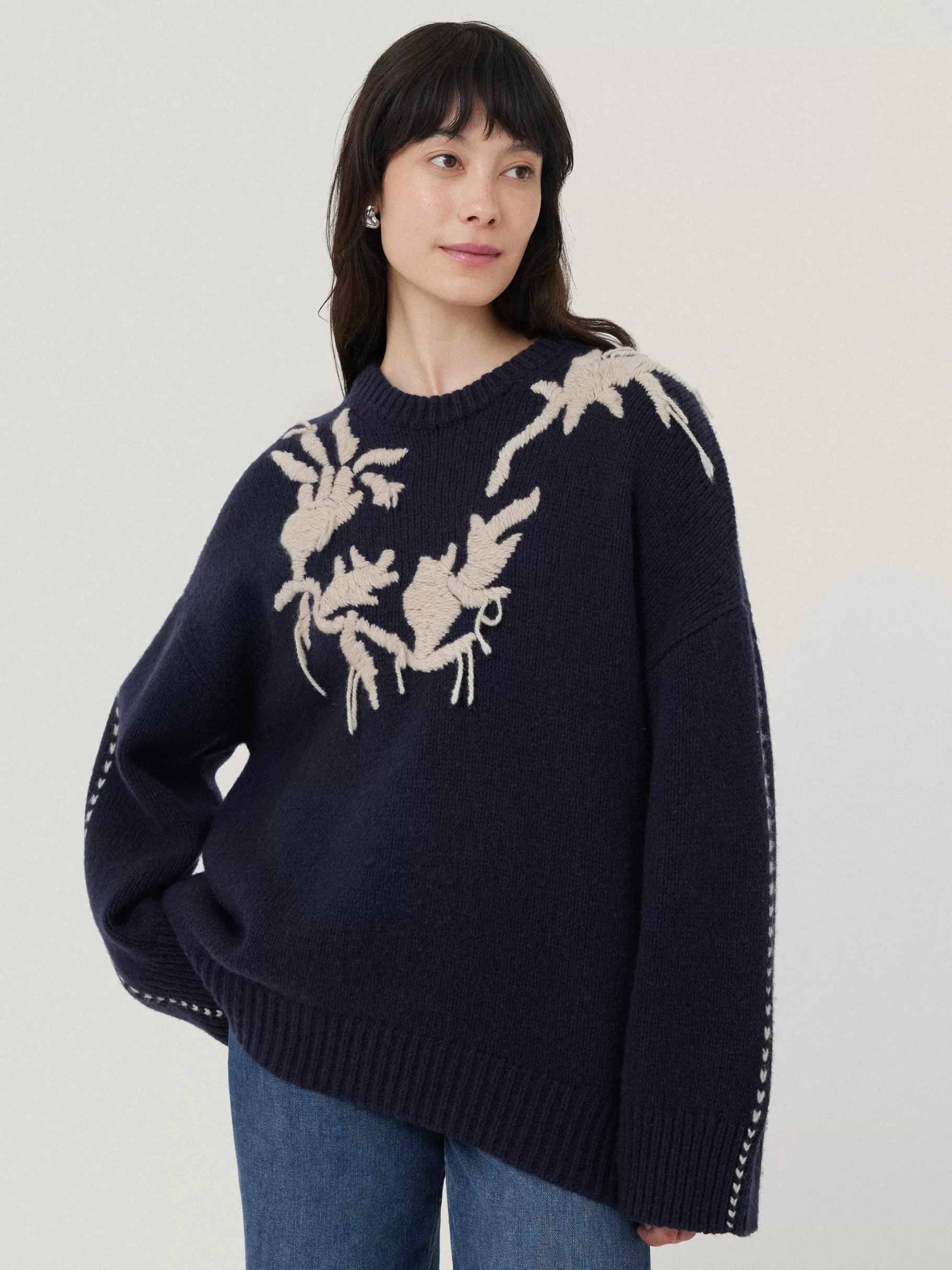 Jigsaw Knitwear & Cashmere-Embroidered Knitted Jumper Navy