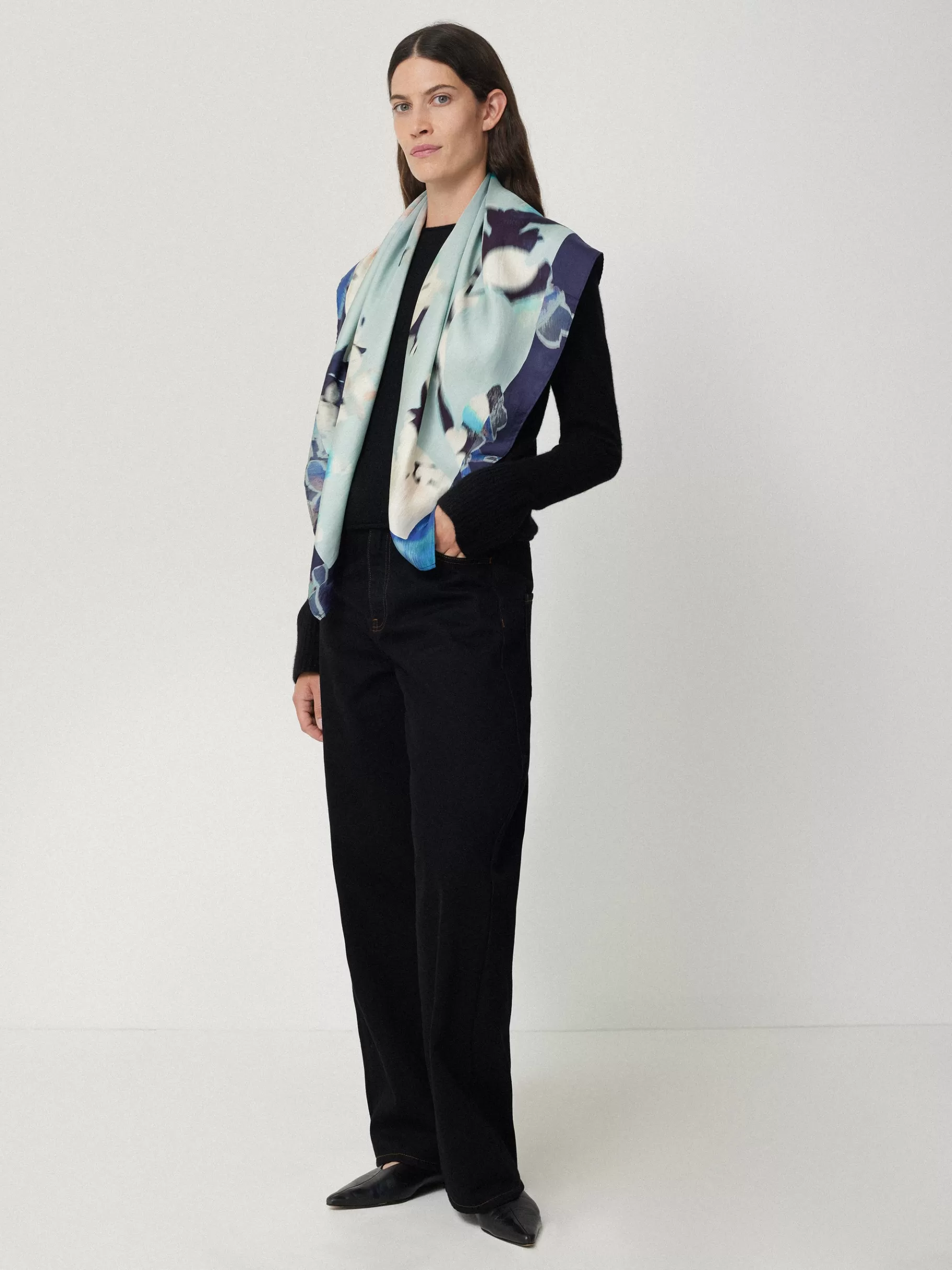 Jigsaw Ponchos & Scarves-Floral Drift Silk Twill Scarf Blue