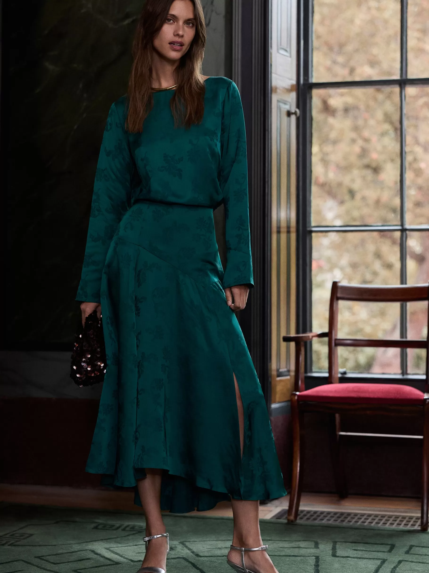 Jigsaw Skirts | Co-ords-Floral Jacquard Midi Skirt Green