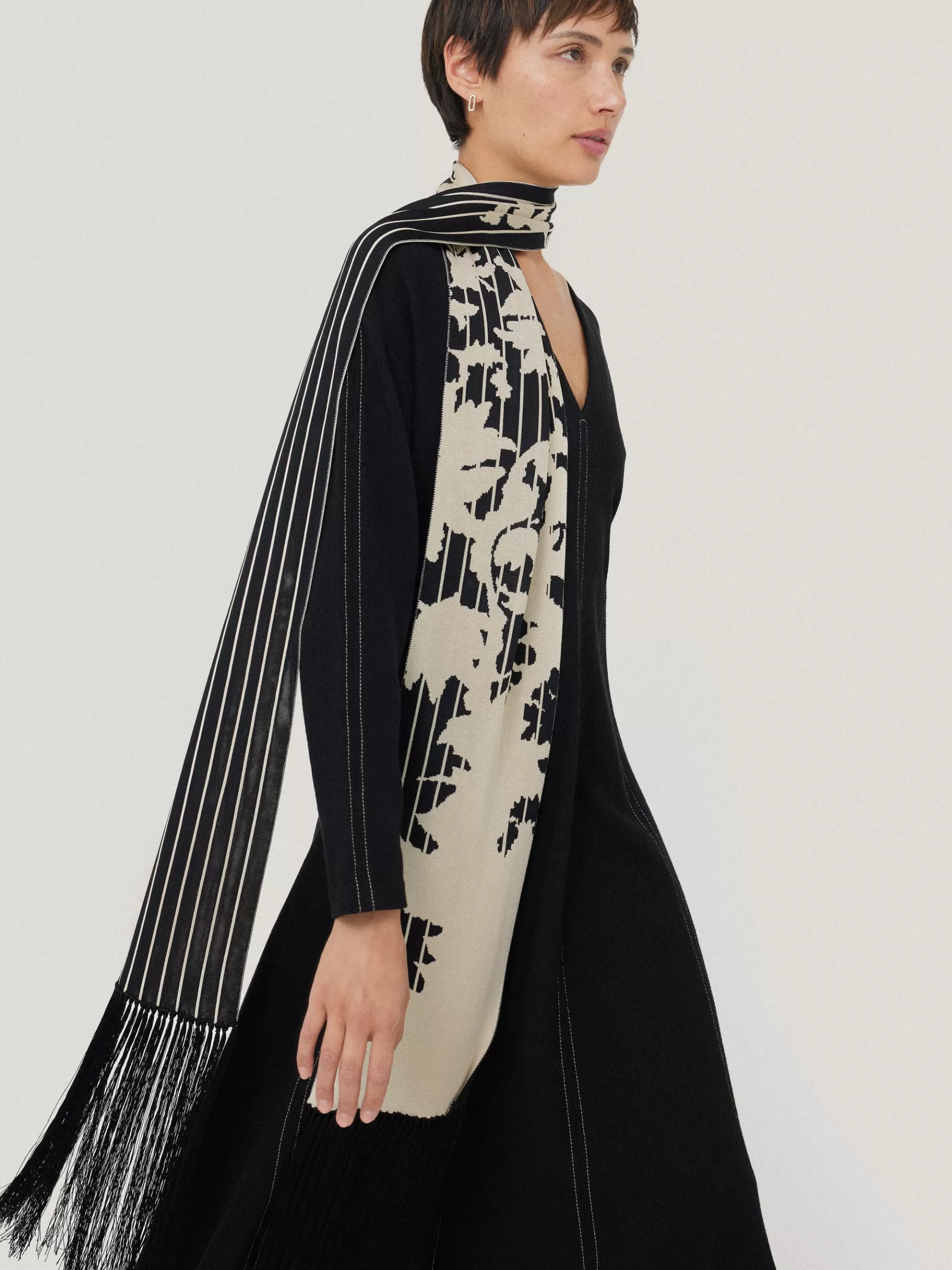 Jigsaw Ponchos & Scarves | Co-ords-Floral Pinstripe Fringed Scarf Monochrome