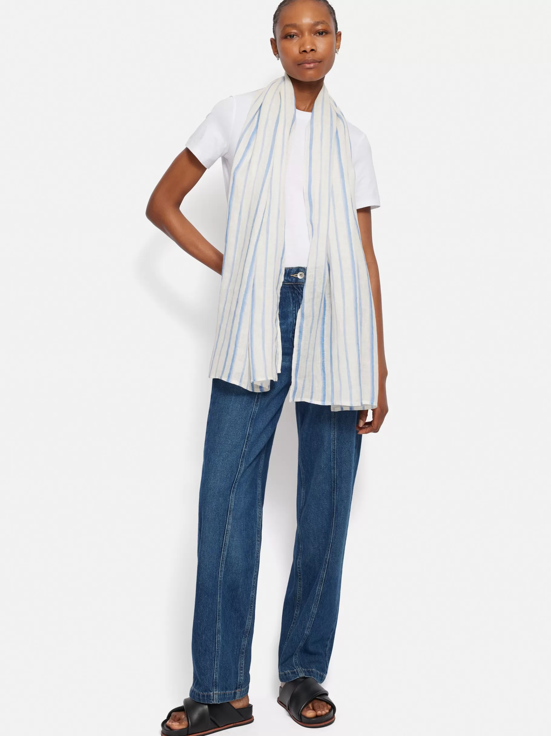 Jigsaw Ponchos & Scarves-French Linen Stripe Scarf Blue