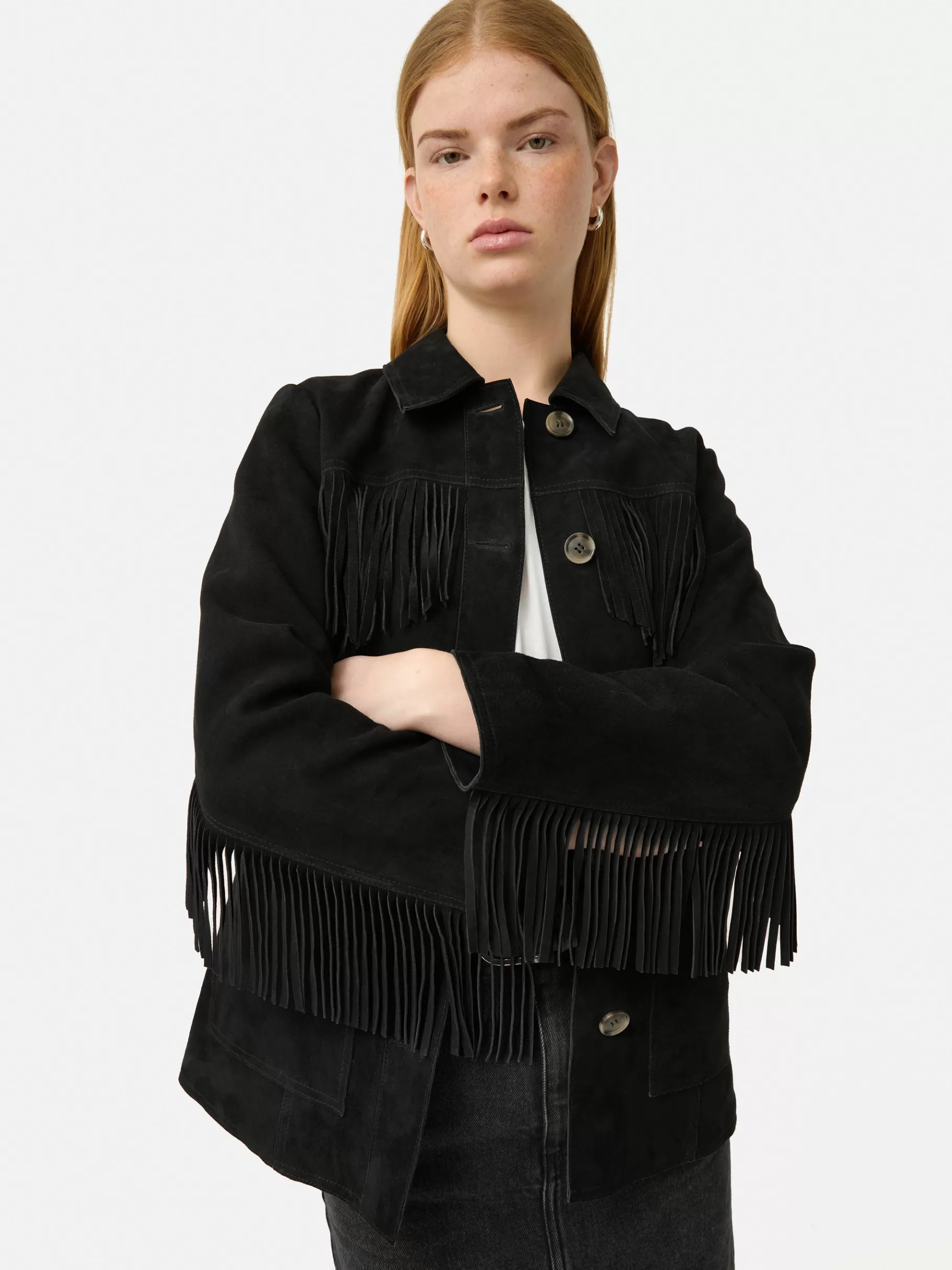 Jigsaw Leather-Fringed Suede Jacket Black