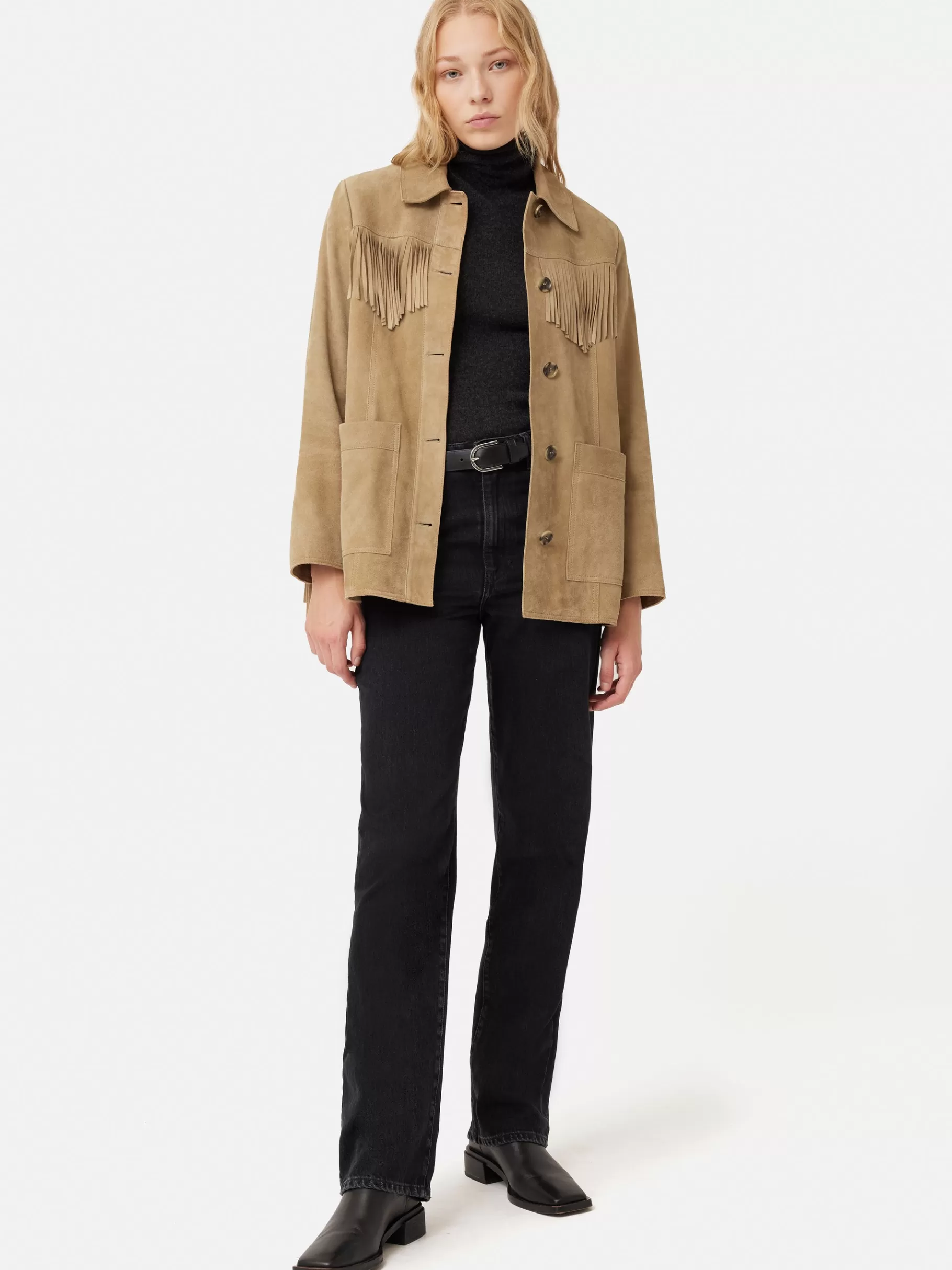 Jigsaw Leather-Fringed Suede Jacket Brown