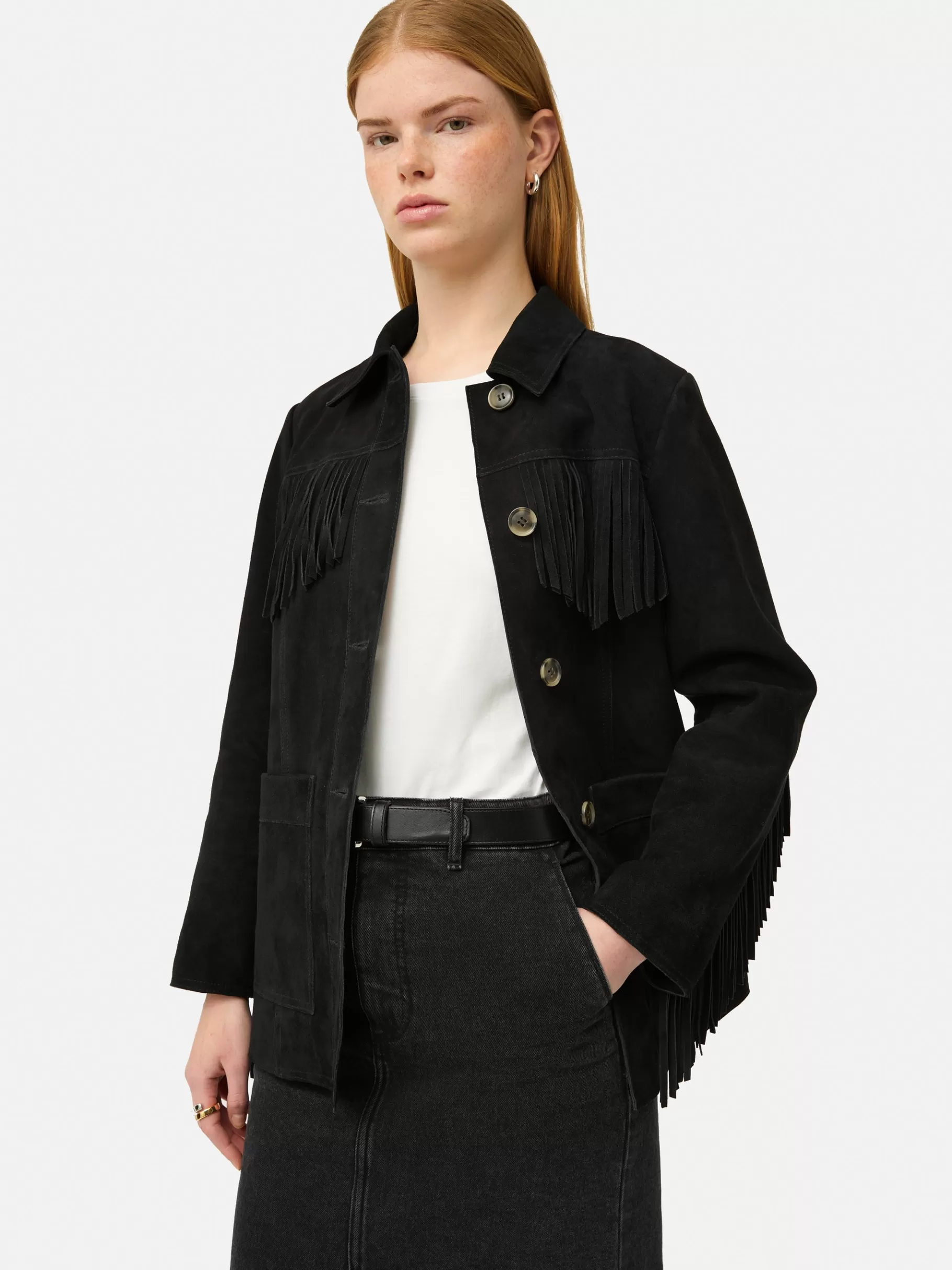 Jigsaw Leather-Fringed Suede Jacket Black