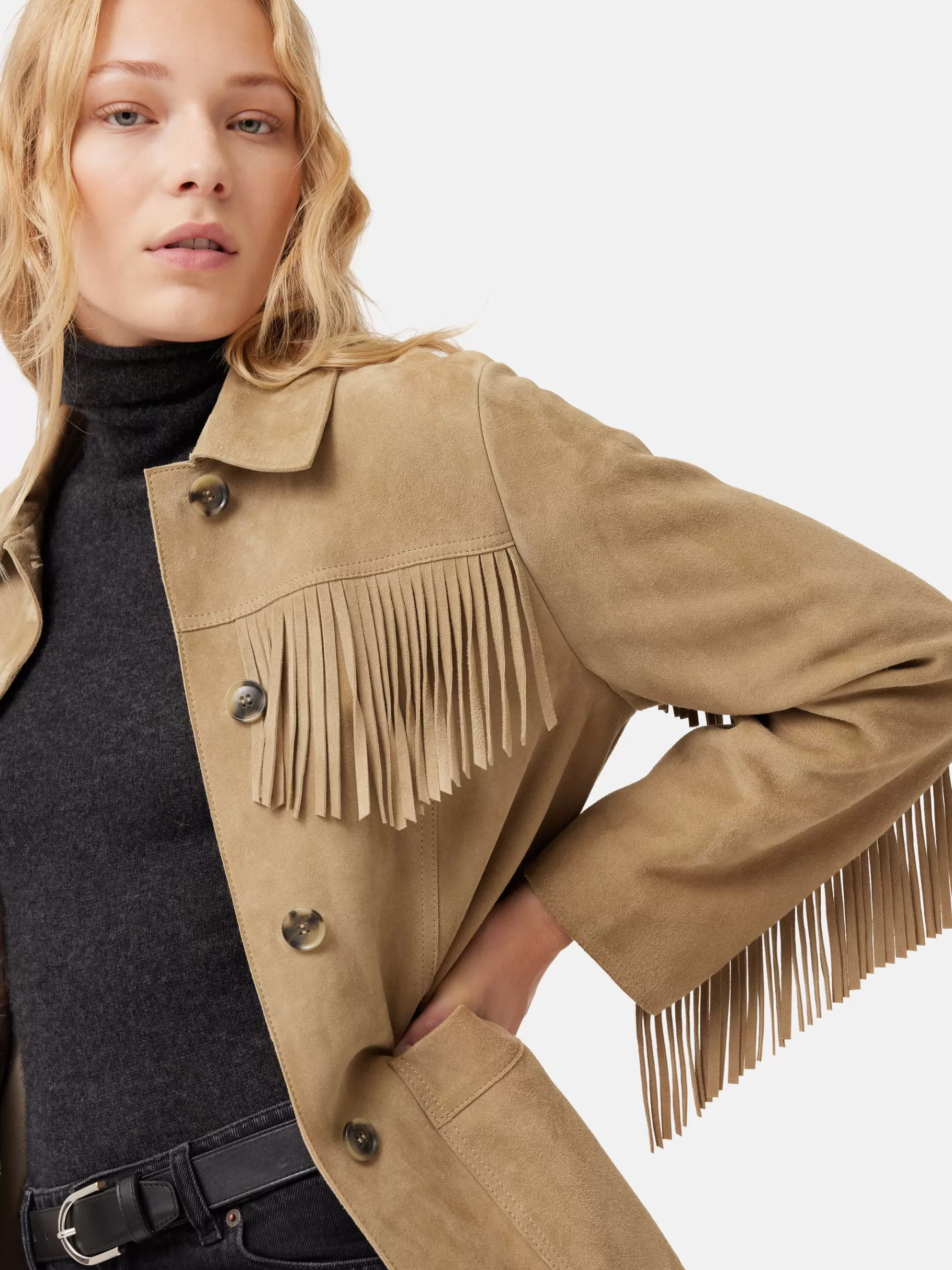 Jigsaw Leather-Fringed Suede Jacket Brown