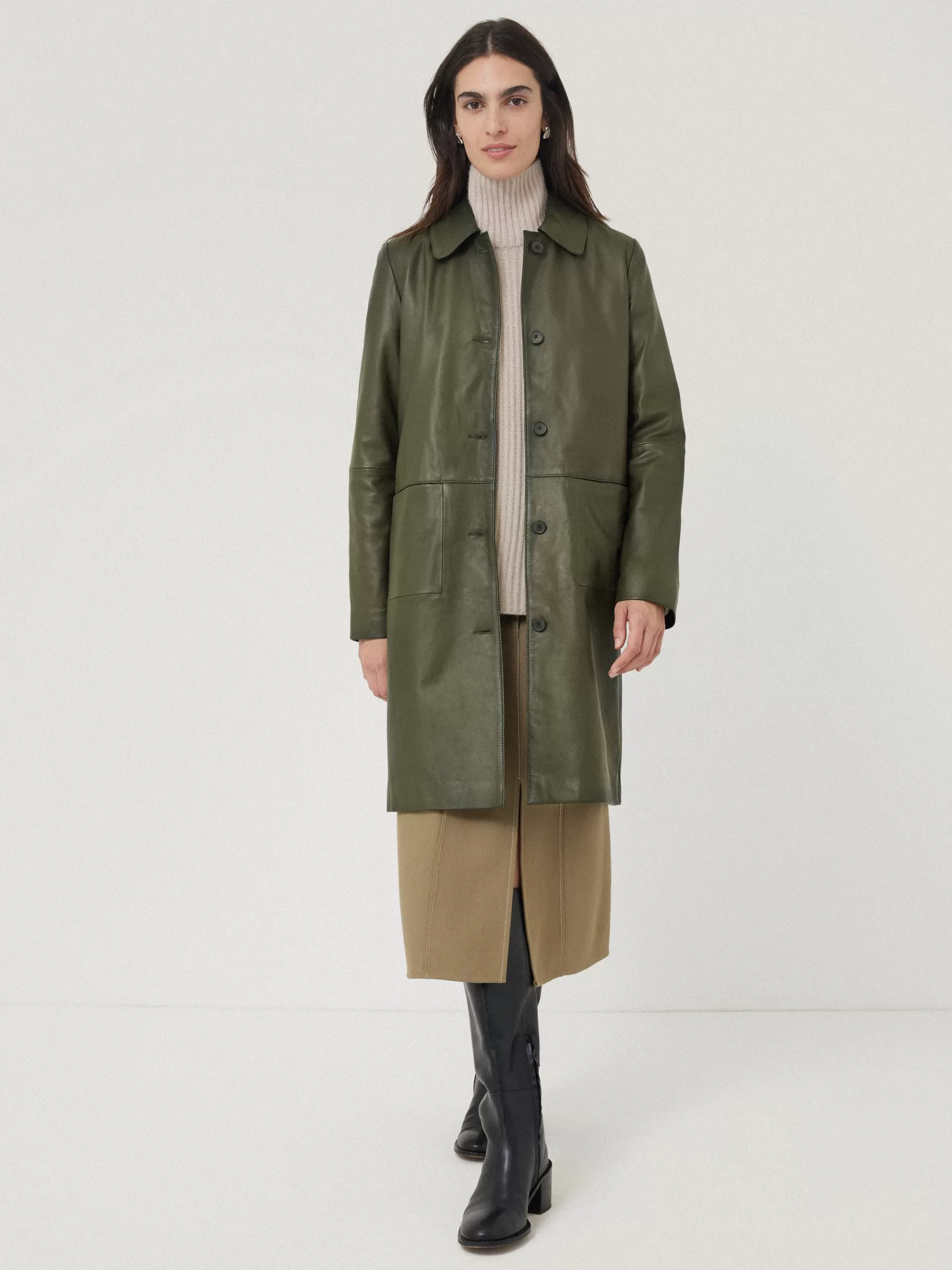Jigsaw Leather | Coats & Jackets-Leather Knee Length Coat Green