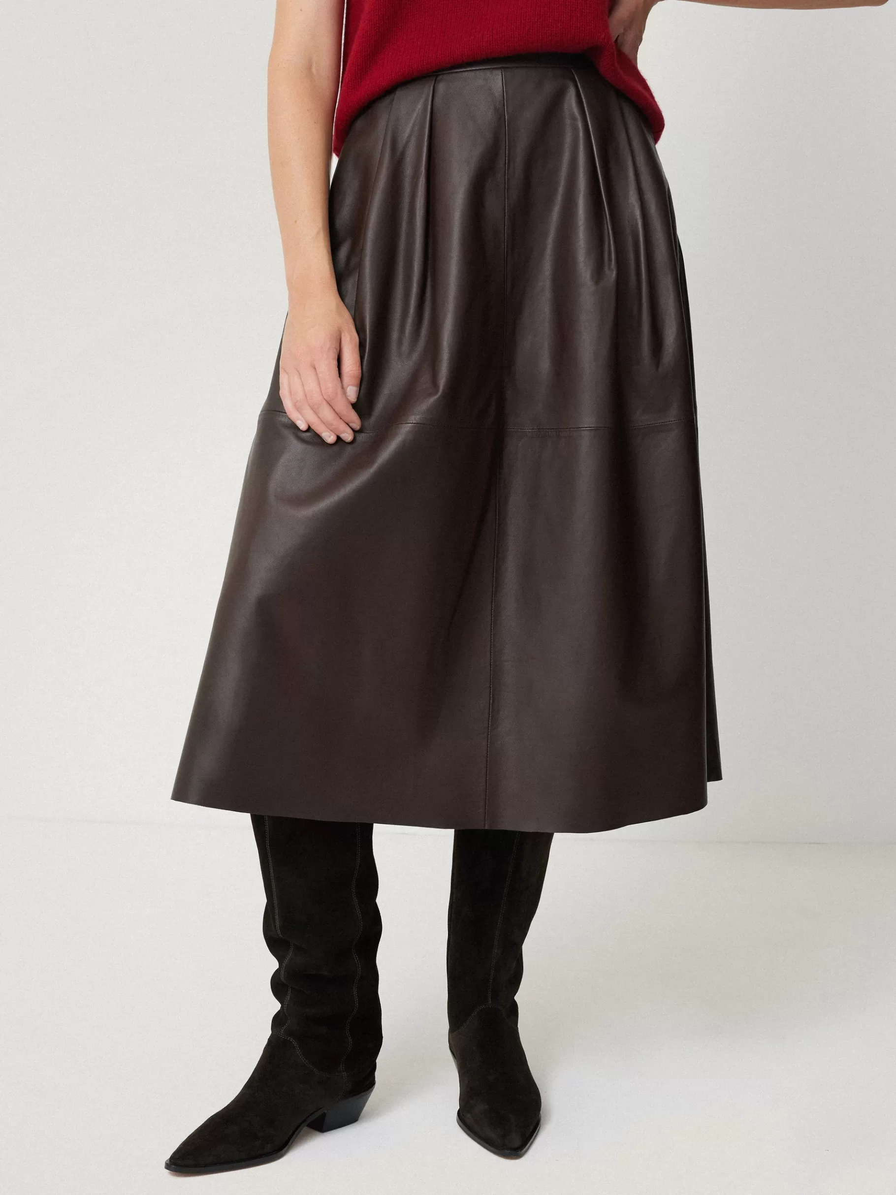Jigsaw Skirts | Leather-Leather Pleat Midi Skirt Brown