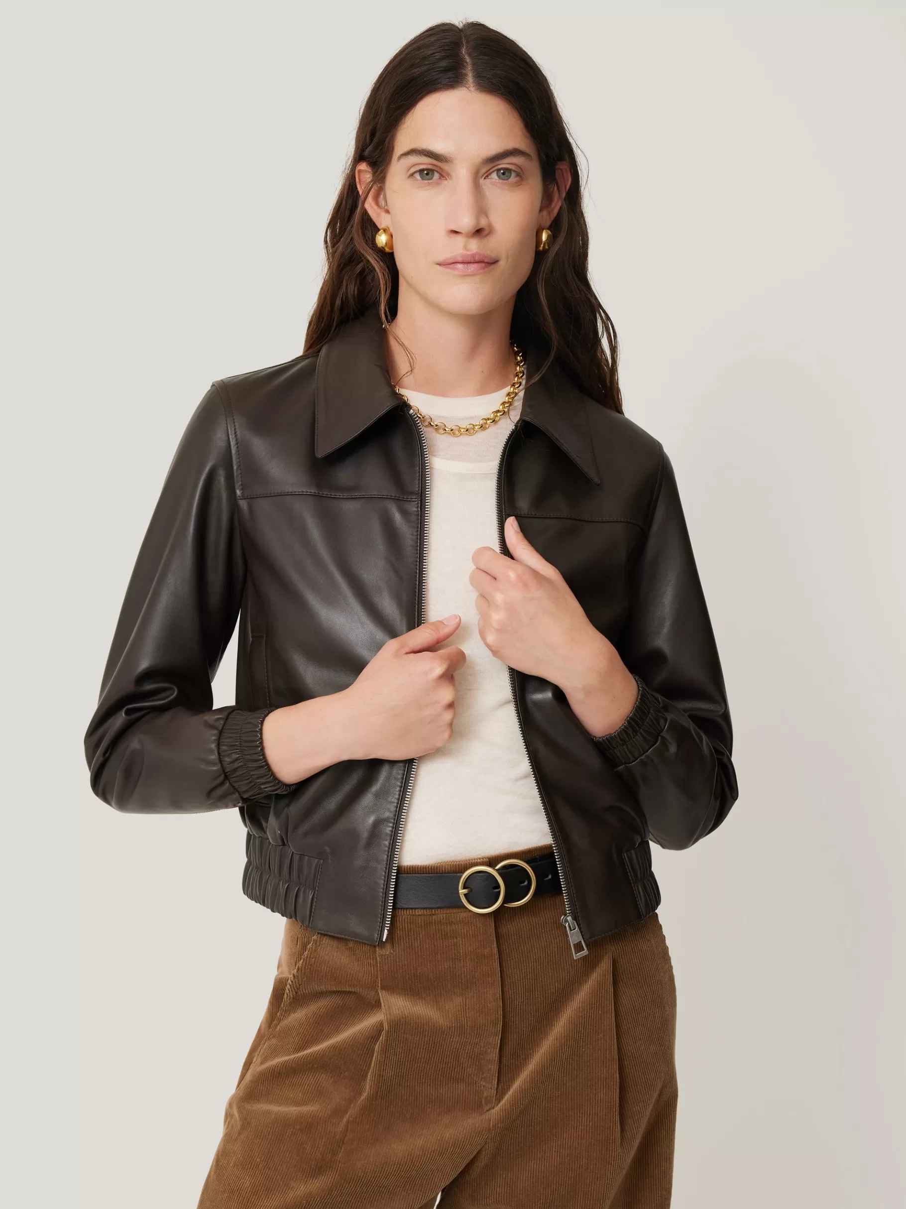 Jigsaw Co-ords | Leather-Leather Zip Front Biker DarkOlive