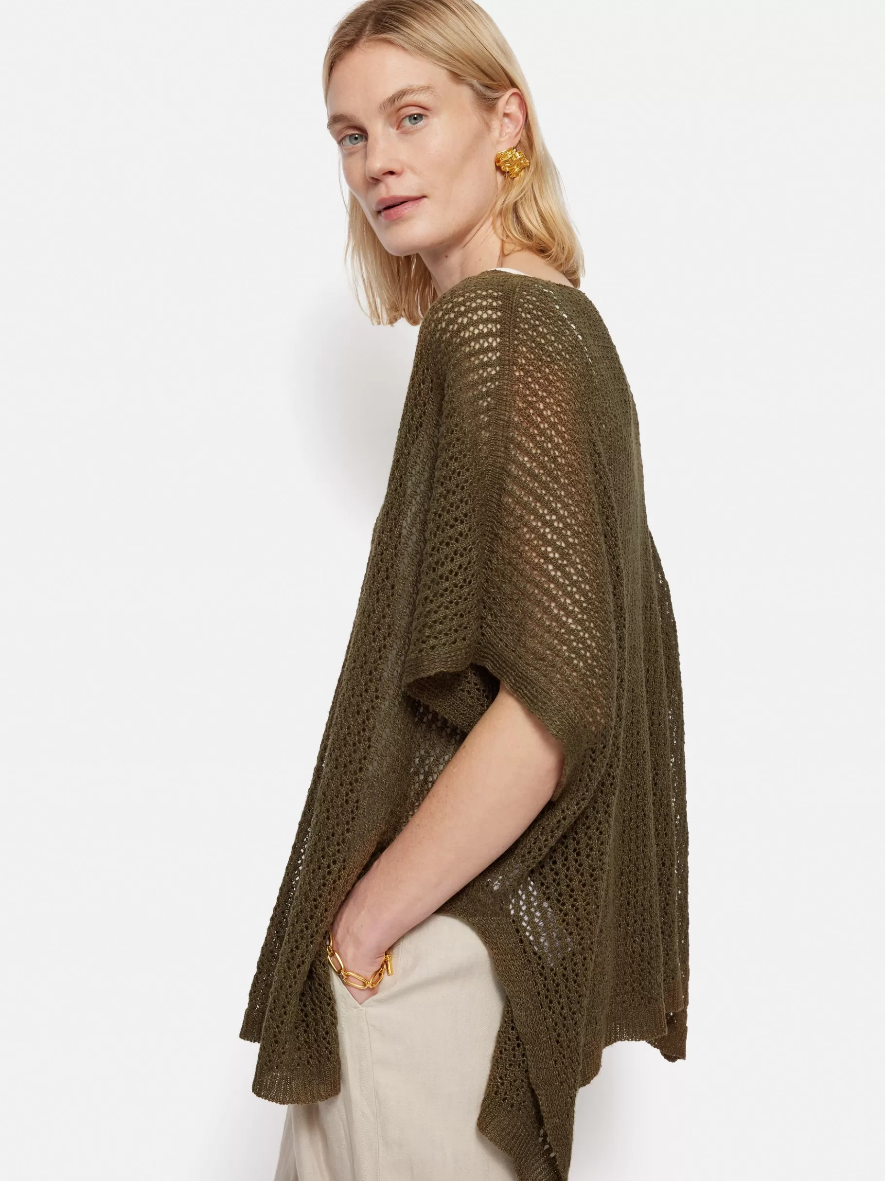 Jigsaw Ponchos & Scarves-Linen Poncho Khaki