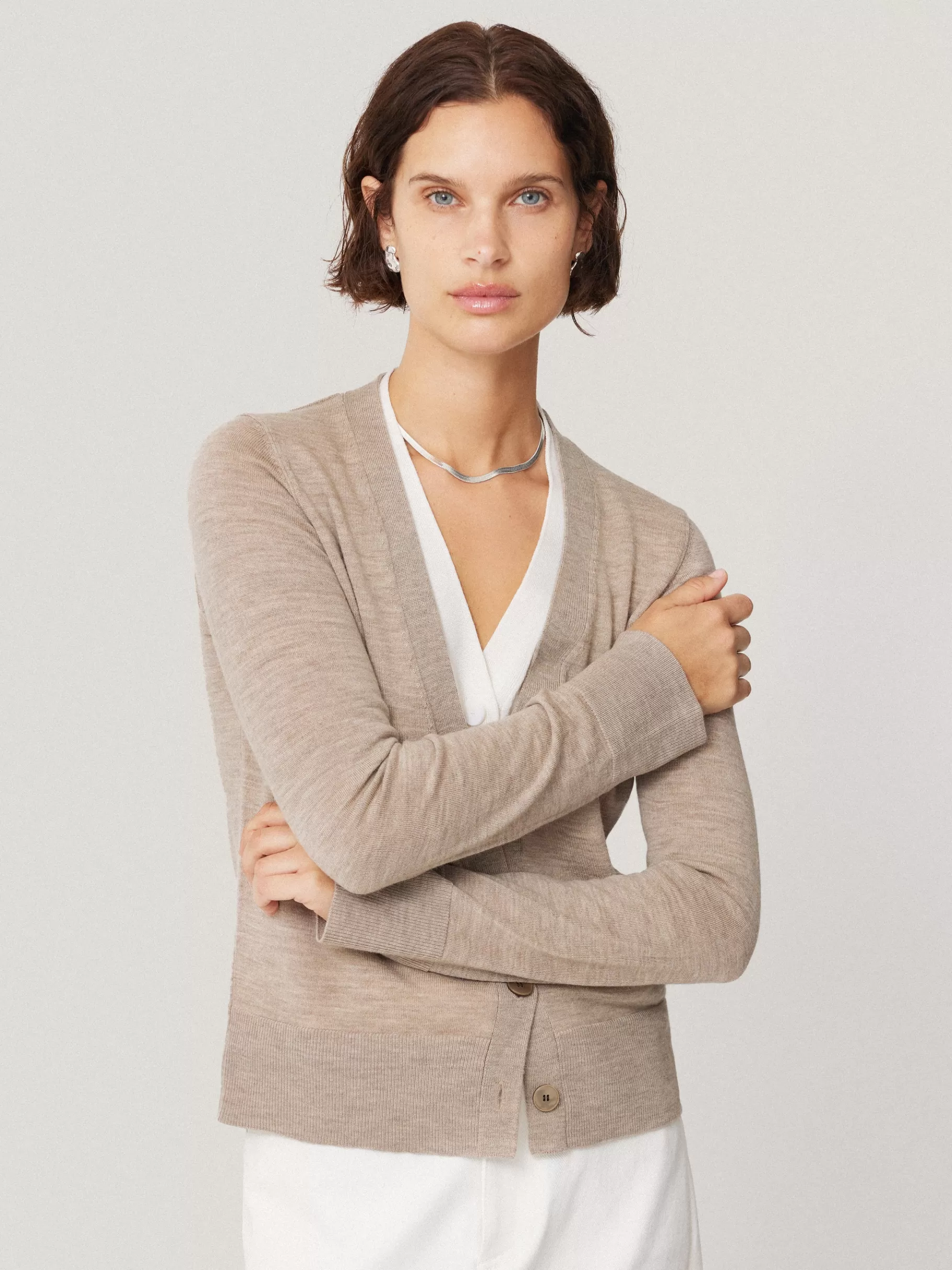 Jigsaw Knitwear & Cashmere-Merino Double Front Cardigan Stone