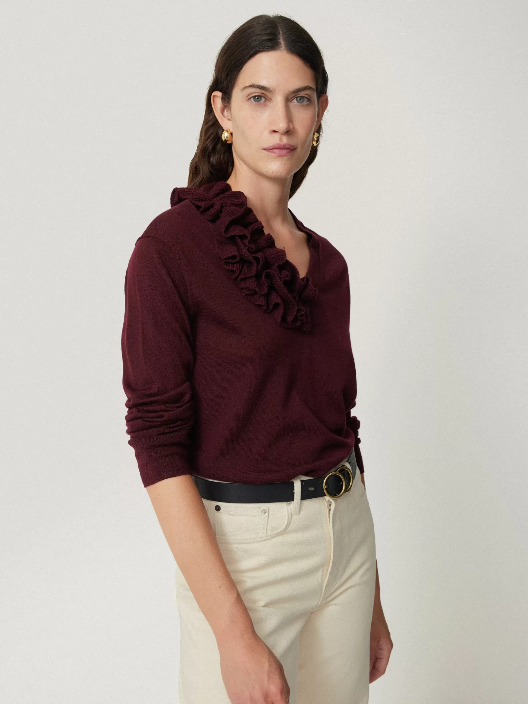Jigsaw Shirts & Tops | Party-Merino Ruffle V Neck Jumper Burgundy