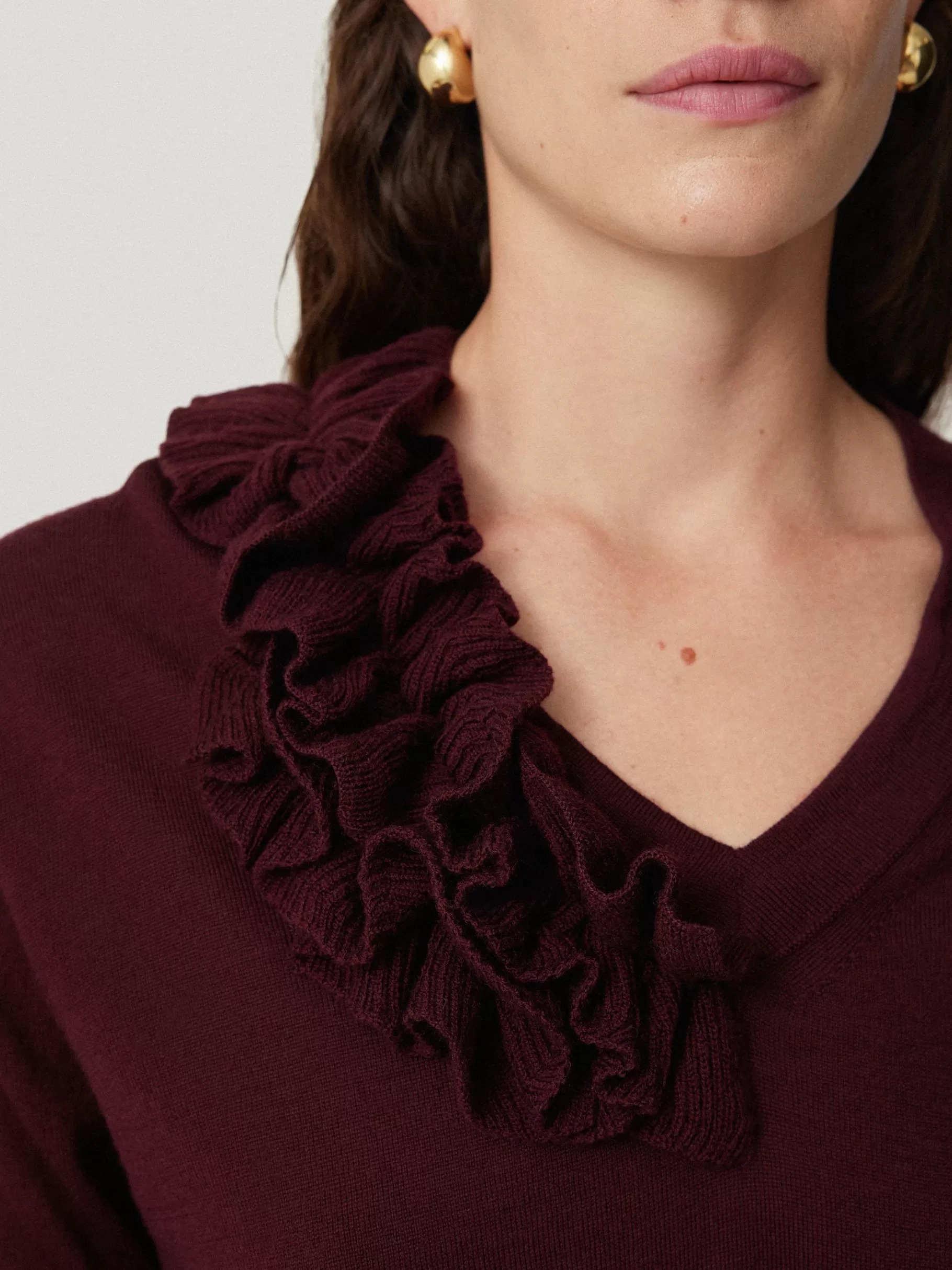 Jigsaw Shirts & Tops | Party-Merino Ruffle V Neck Jumper Burgundy