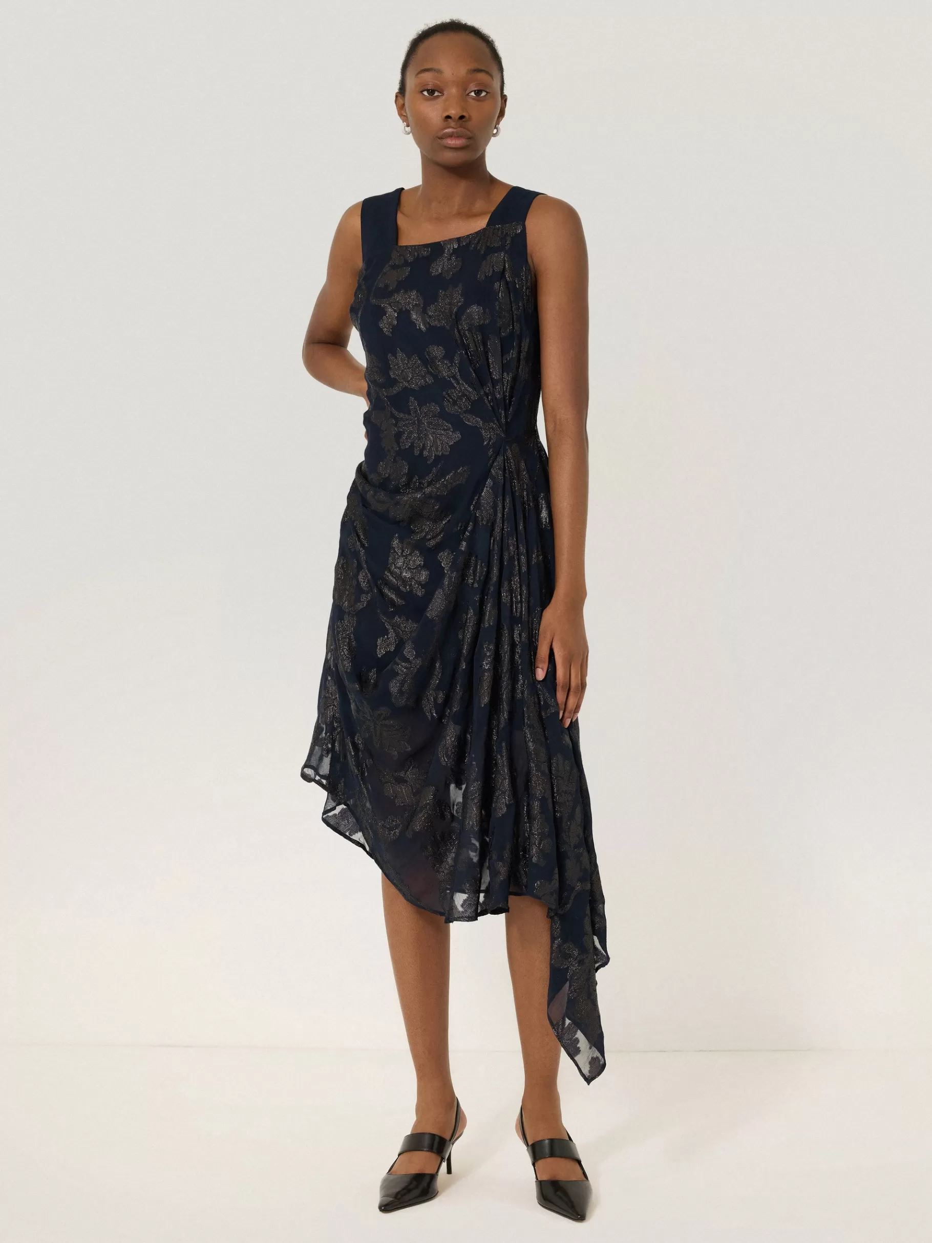 Jigsaw Dresses & Jumpsuits | Party-Metallic Jacquard Drape Dress Navy