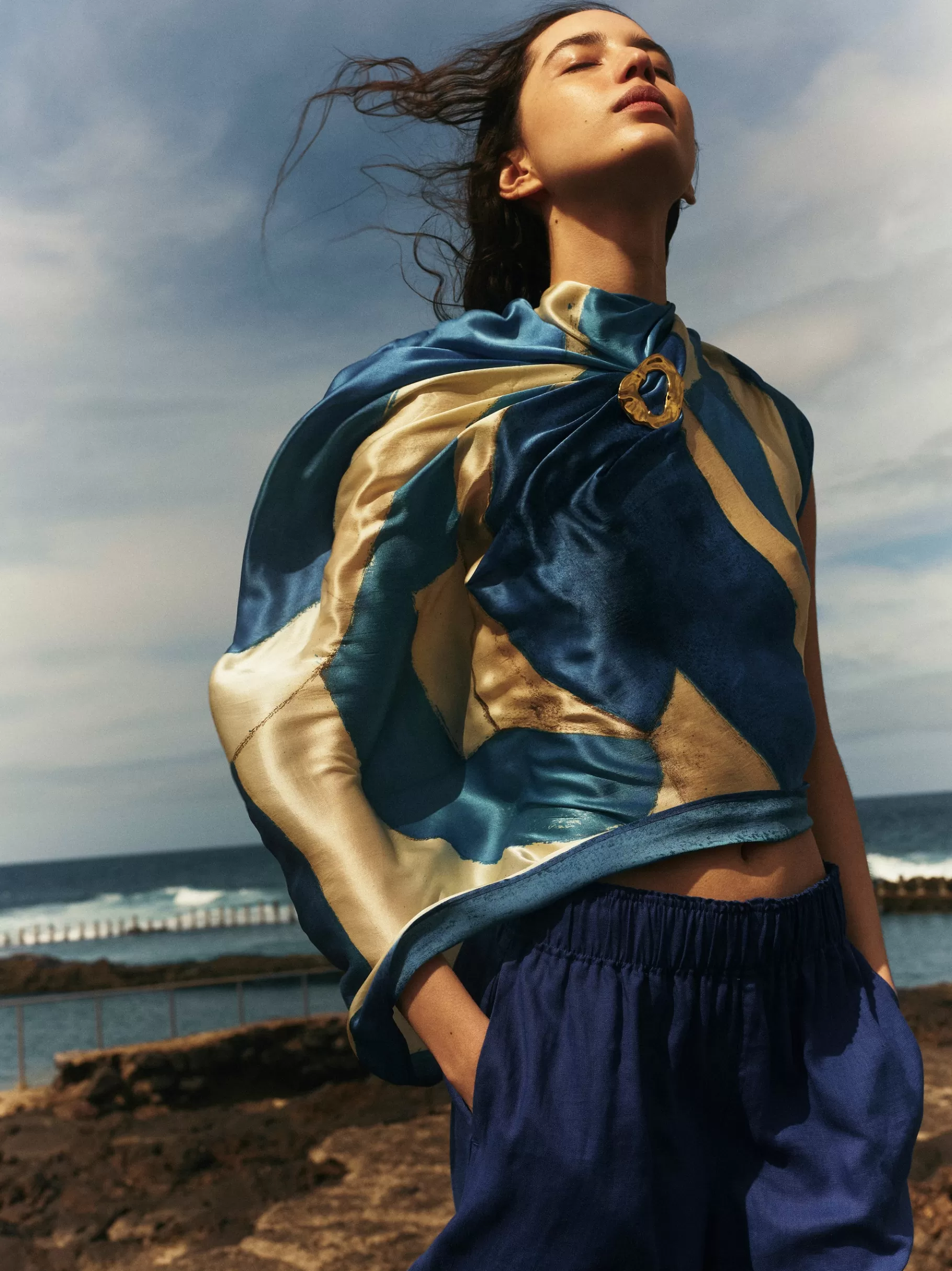 Jigsaw Ponchos & Scarves-Pastel Abstract Oversized Silk Scarf Blue