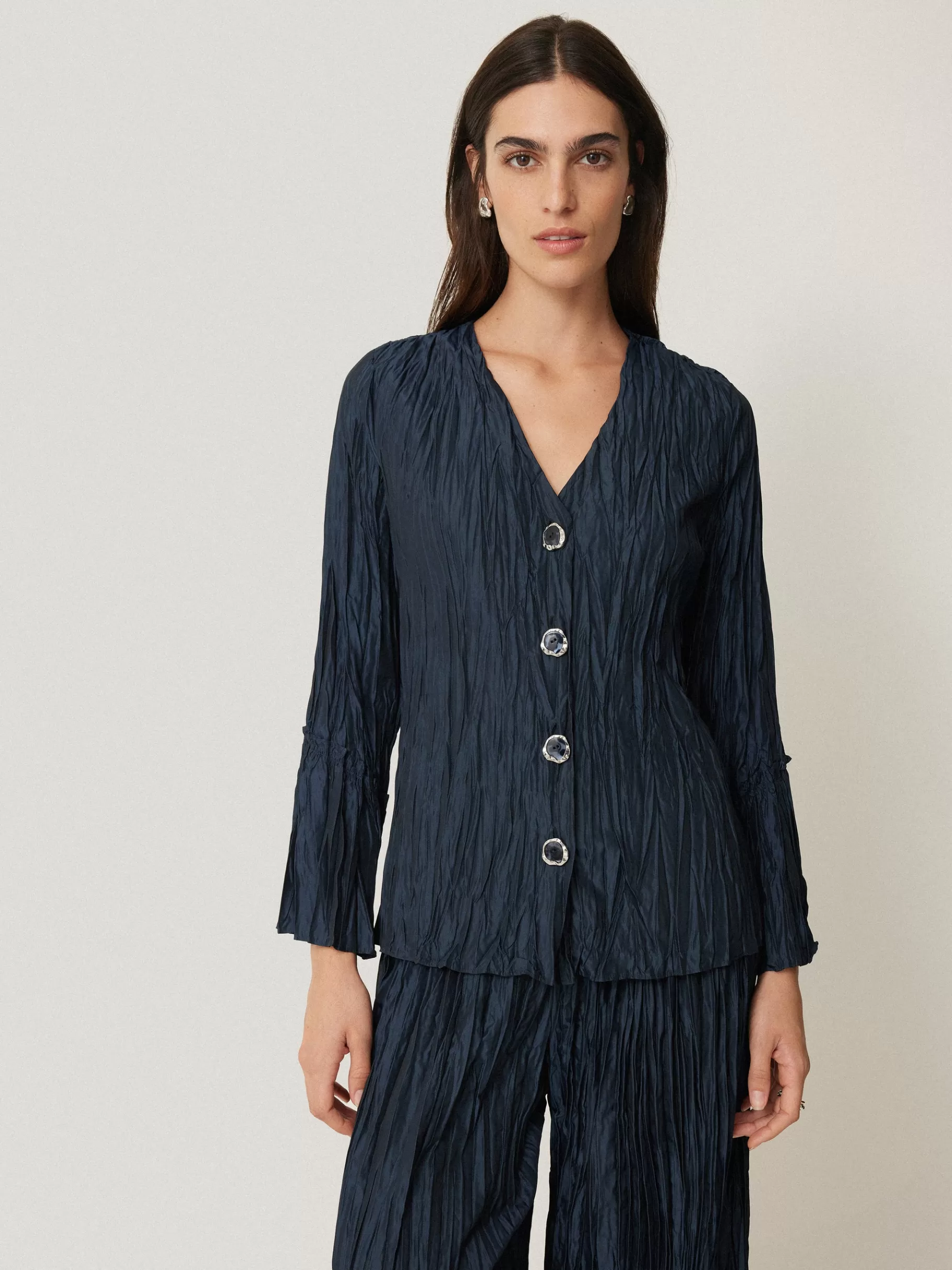 Jigsaw Shirts & Tops | Co-ords-Plisse Button Up Top Navy