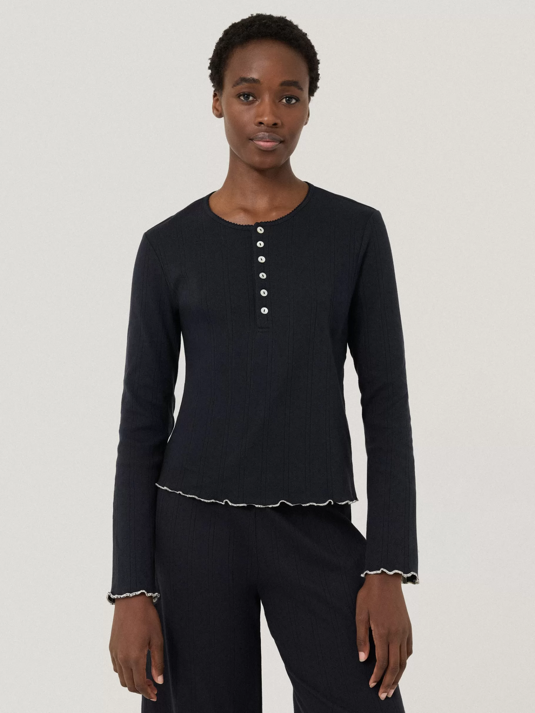 Jigsaw Pyjamas & Loungewear-Pointelle Pyjama Henley Top Navy