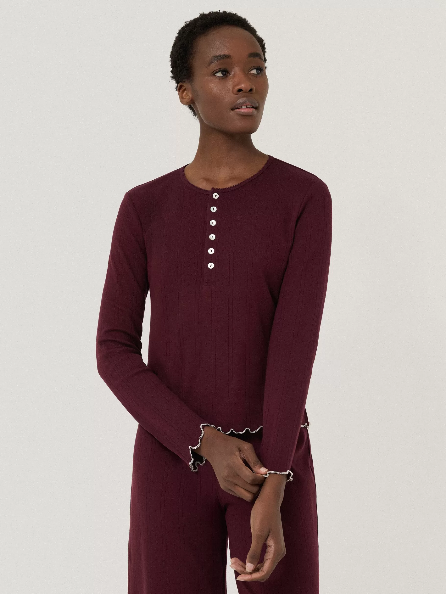 Jigsaw Pyjamas & Loungewear-Pointelle Pyjama Henley Top Burgundy