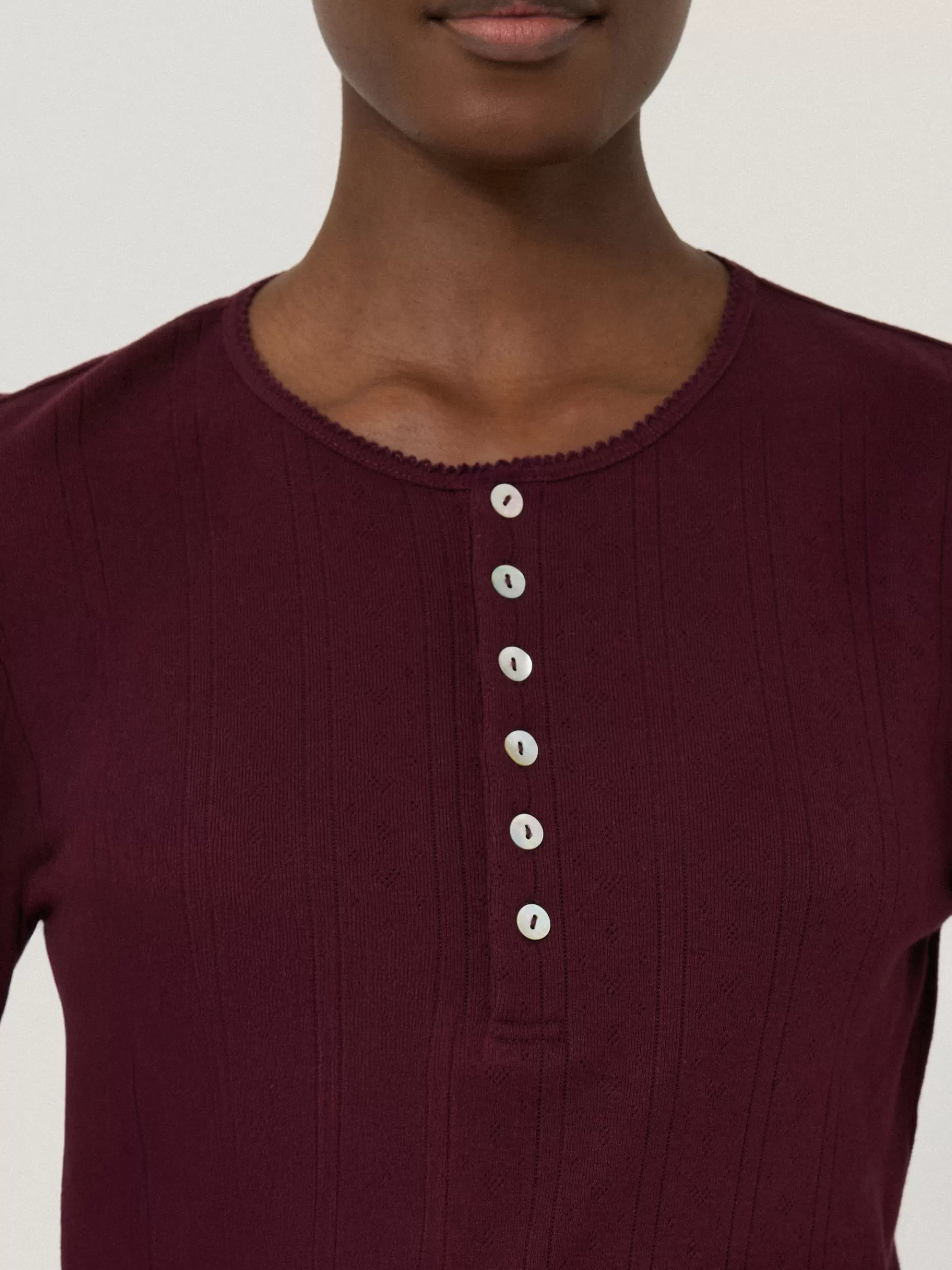 Jigsaw Pyjamas & Loungewear-Pointelle Pyjama Henley Top Burgundy