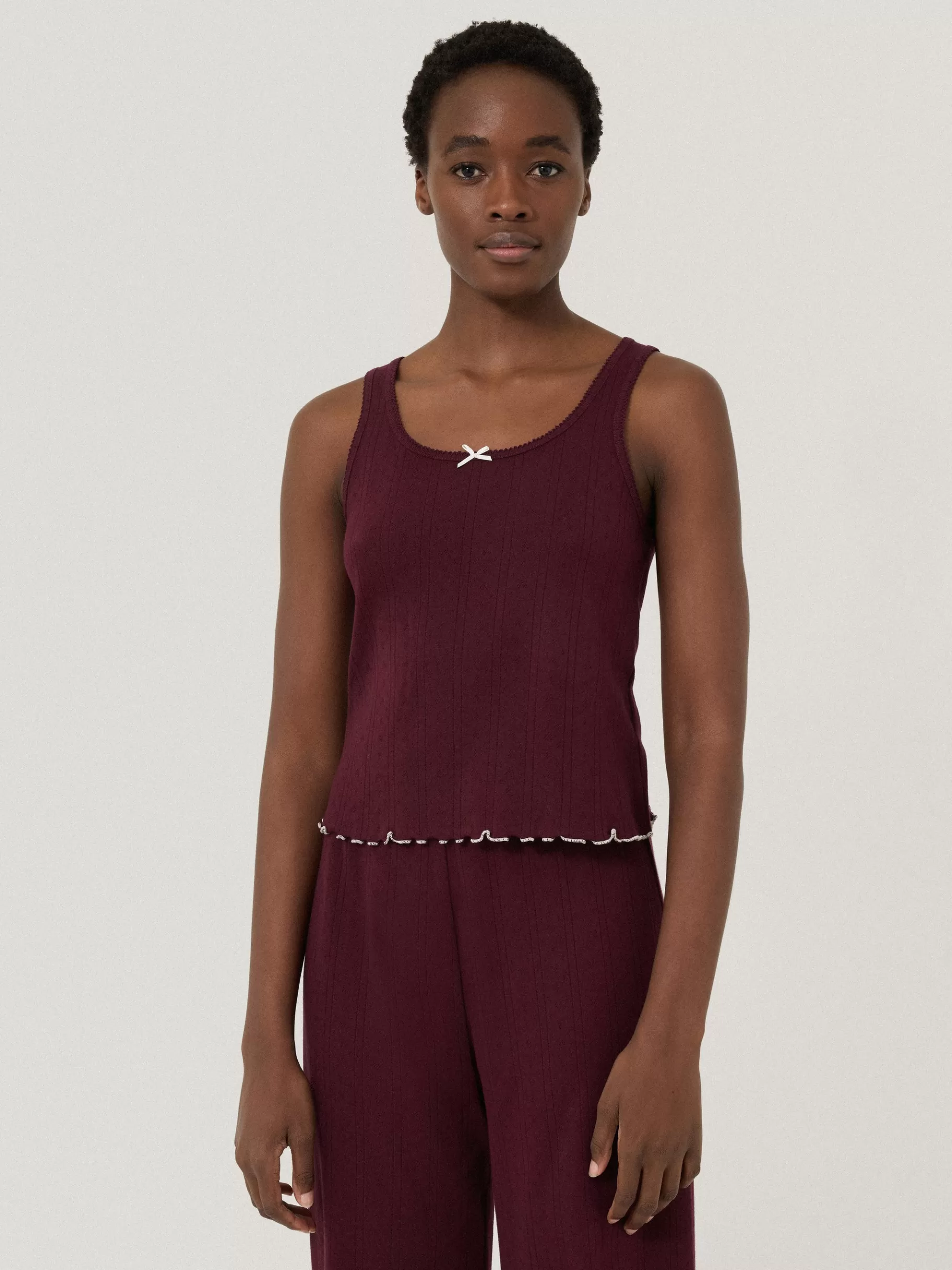 Jigsaw Pyjamas & Loungewear-Pointelle Pyjama Vest Top Burgundy