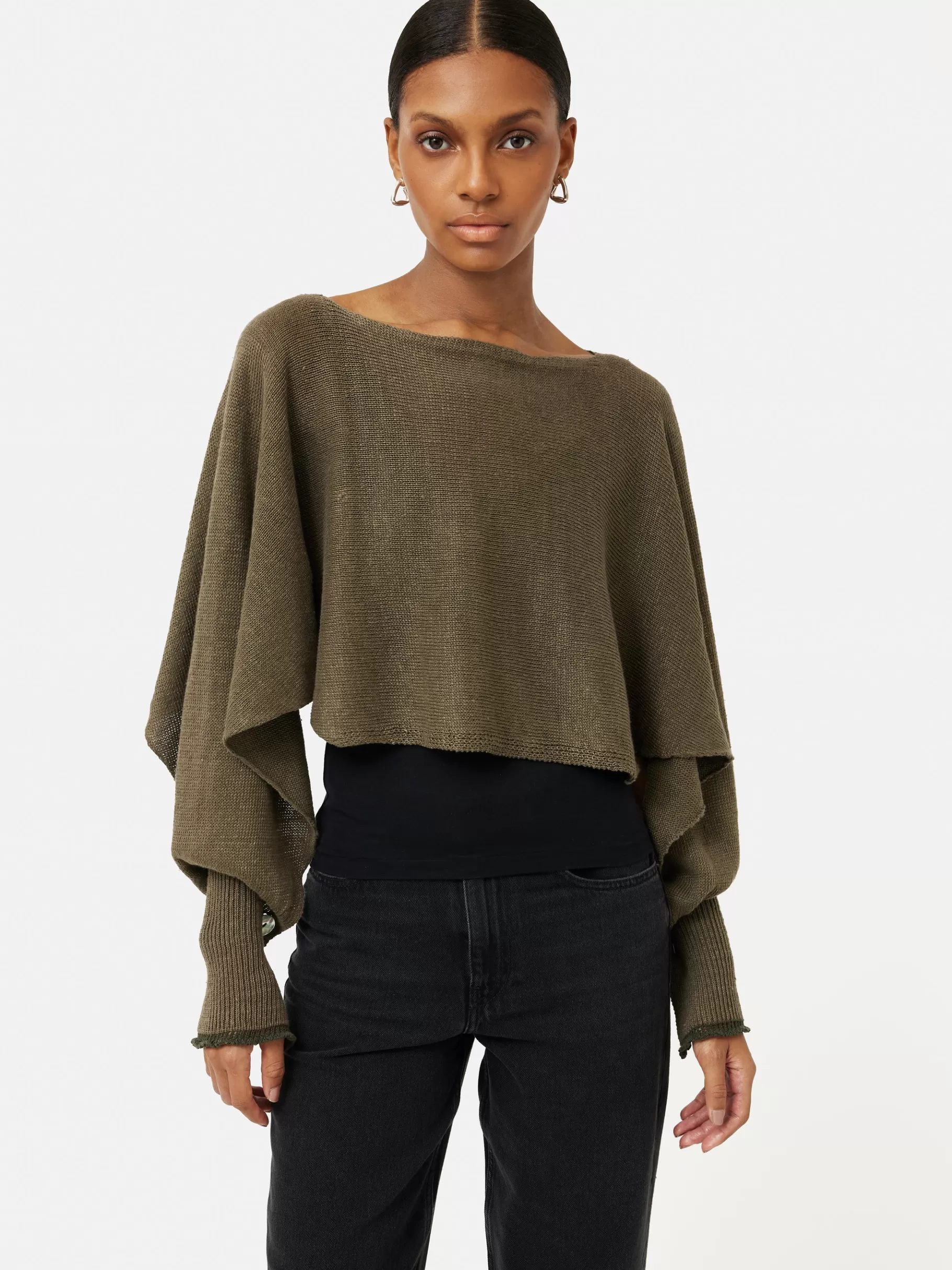 Jigsaw Ponchos & Scarves-Pure Linen Poncho Sweater Khaki