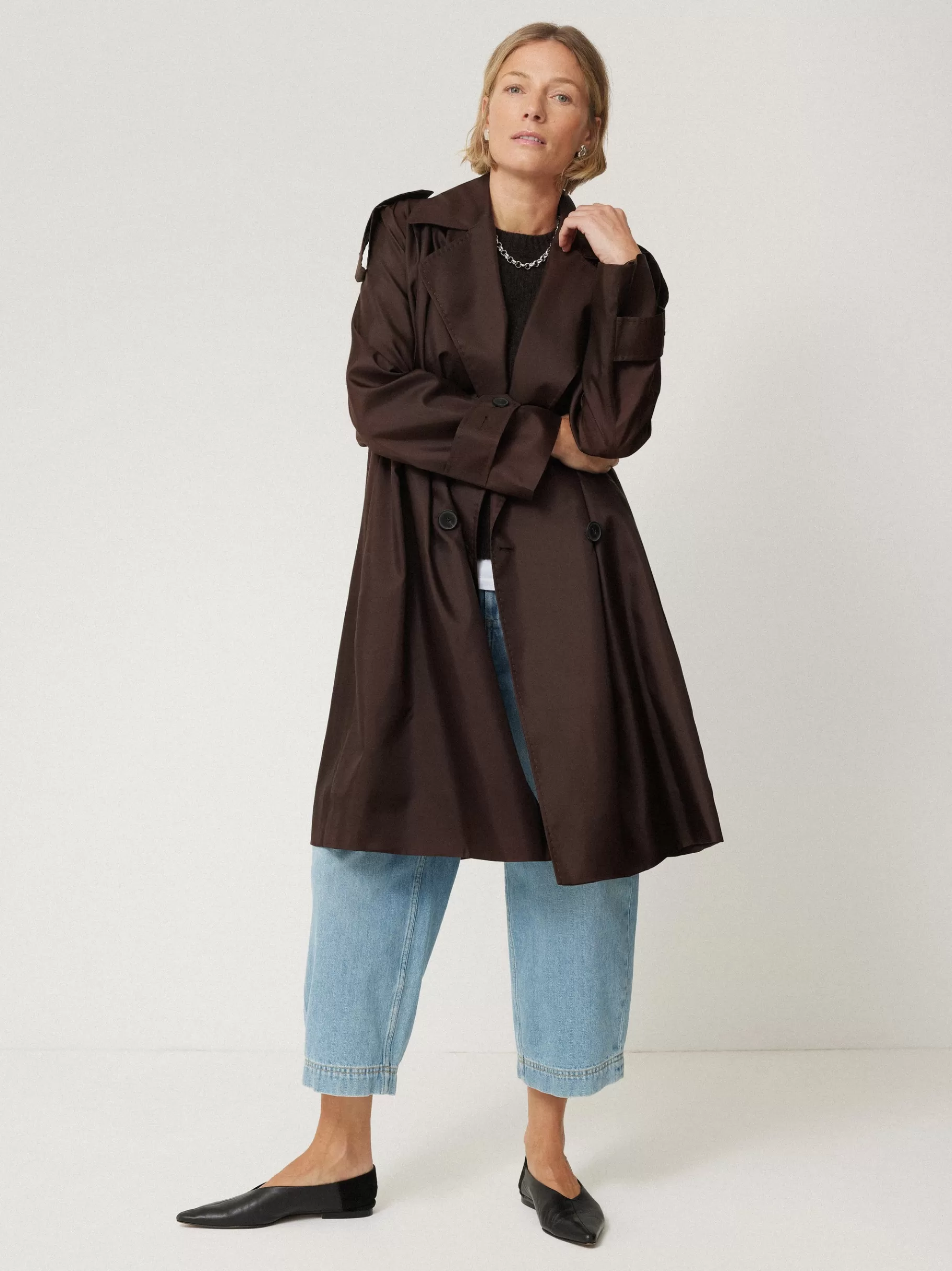 Jigsaw Party | Coats & Jackets-Pure Silk Trench Coat Chocolate