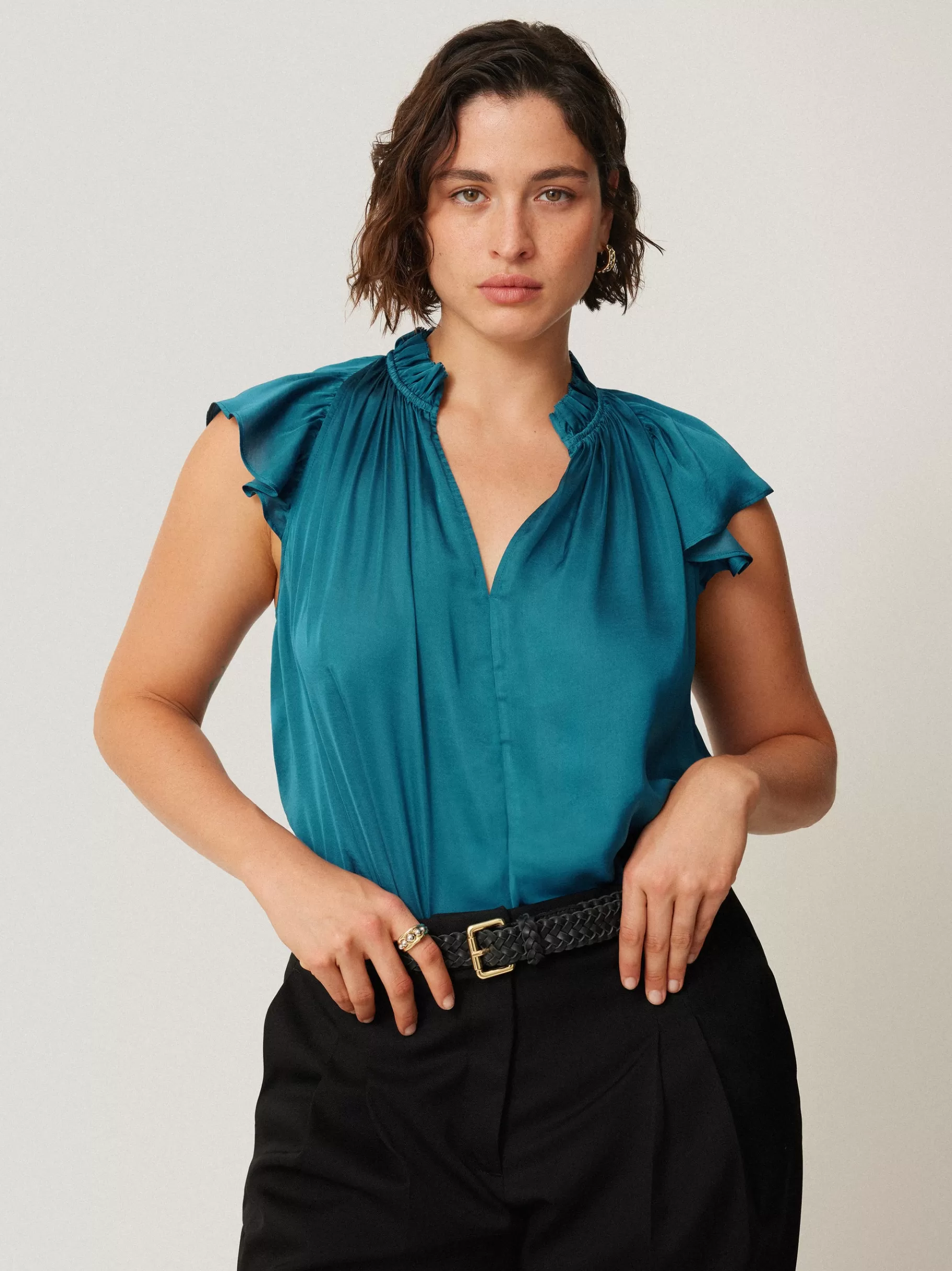 Jigsaw Shirts & Tops | Party-Recycled Satin Frill Neck Top Blue