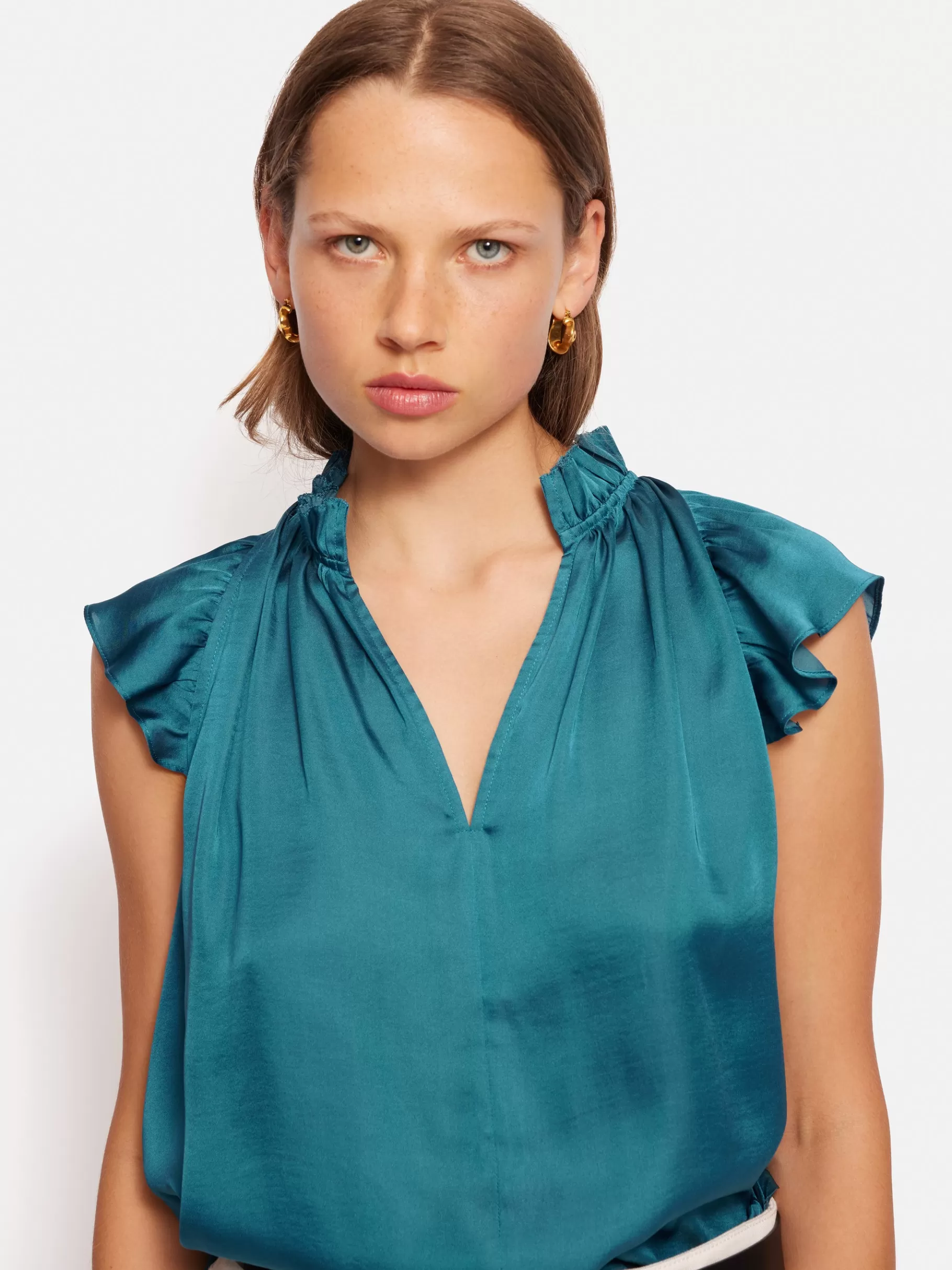Jigsaw Shirts & Tops | Party-Recycled Satin Frill Neck Top Blue