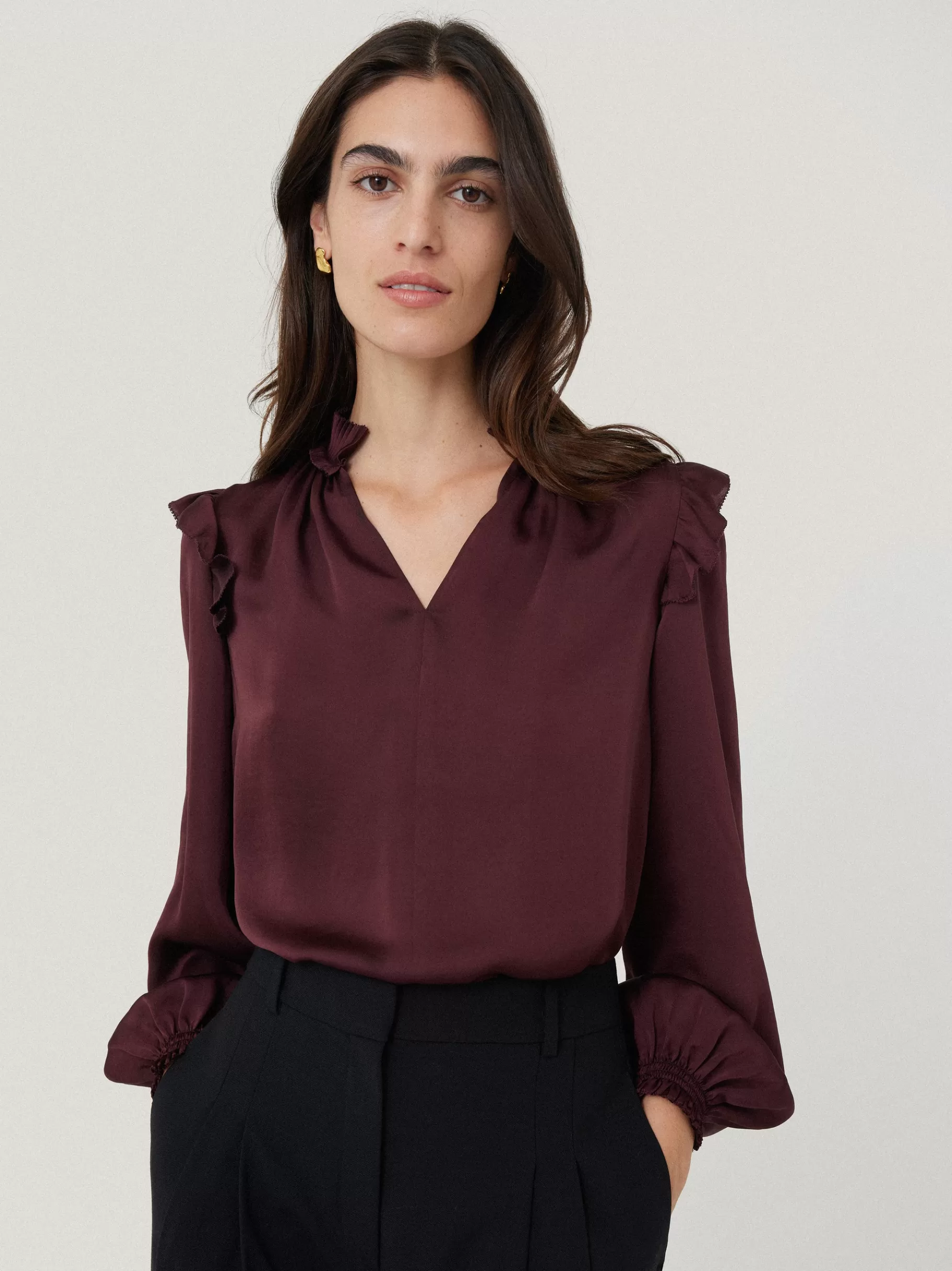 Jigsaw Shirts & Tops | Party-Recycled Satin Ruffle Top Burgundy