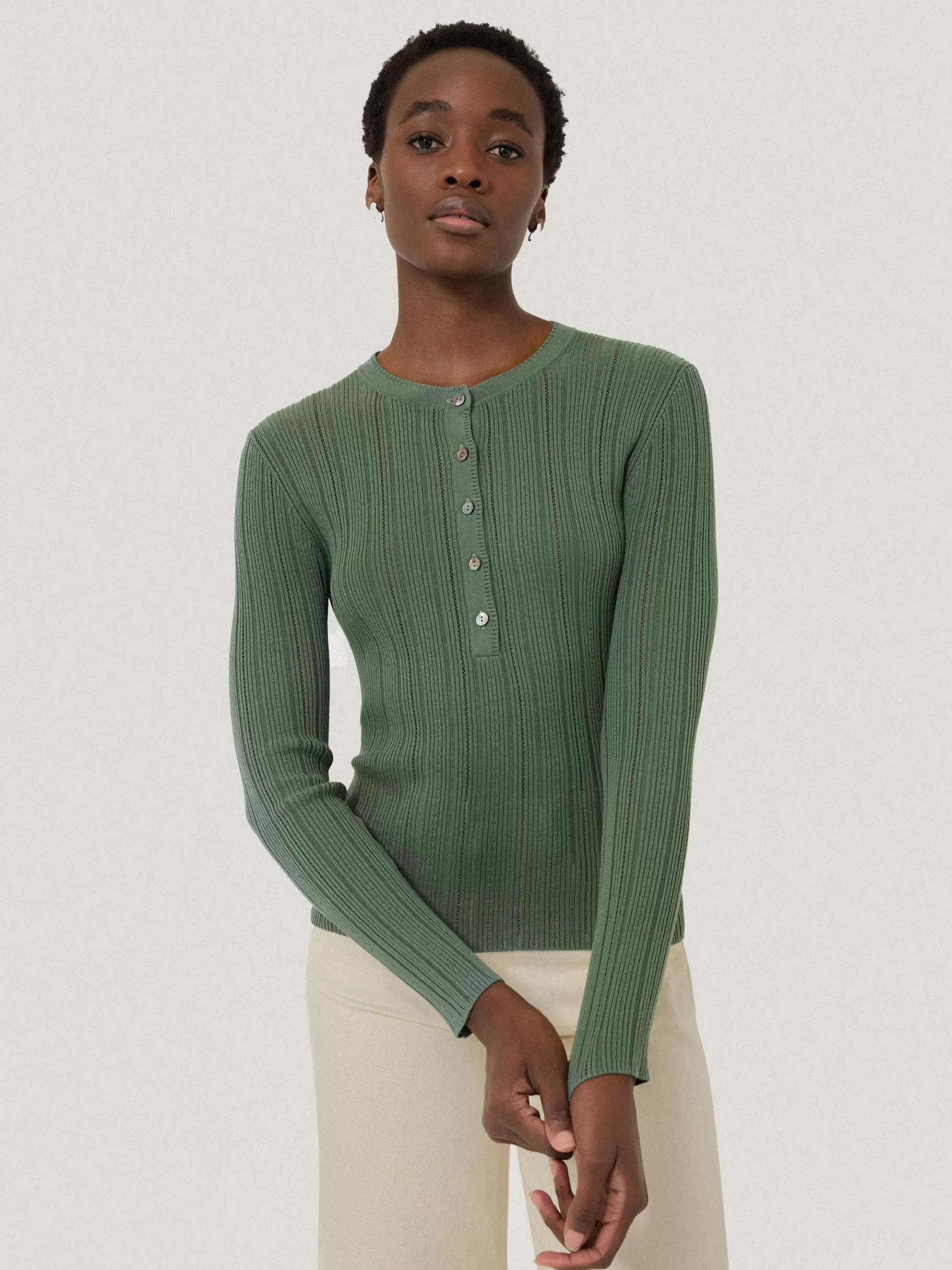 Jigsaw Knitwear & Cashmere-Rib Pointelle Henley Jumper Green