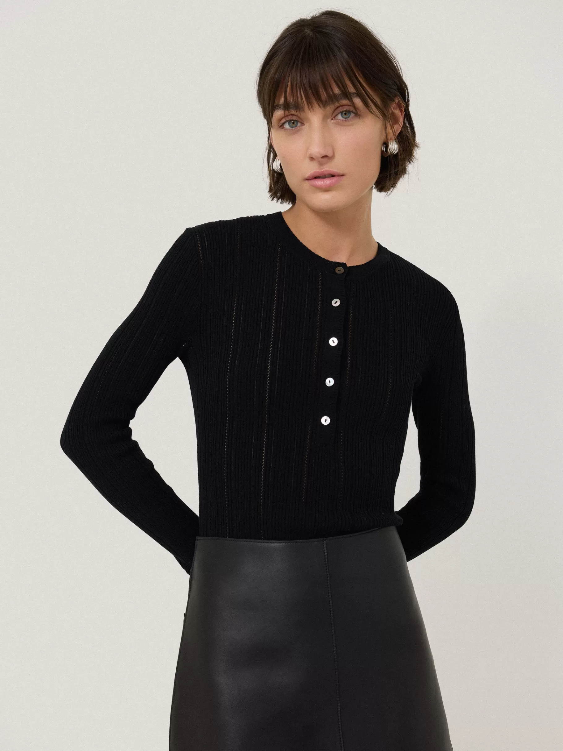 Jigsaw Knitwear & Cashmere-Rib Pointelle Henley Jumper Black