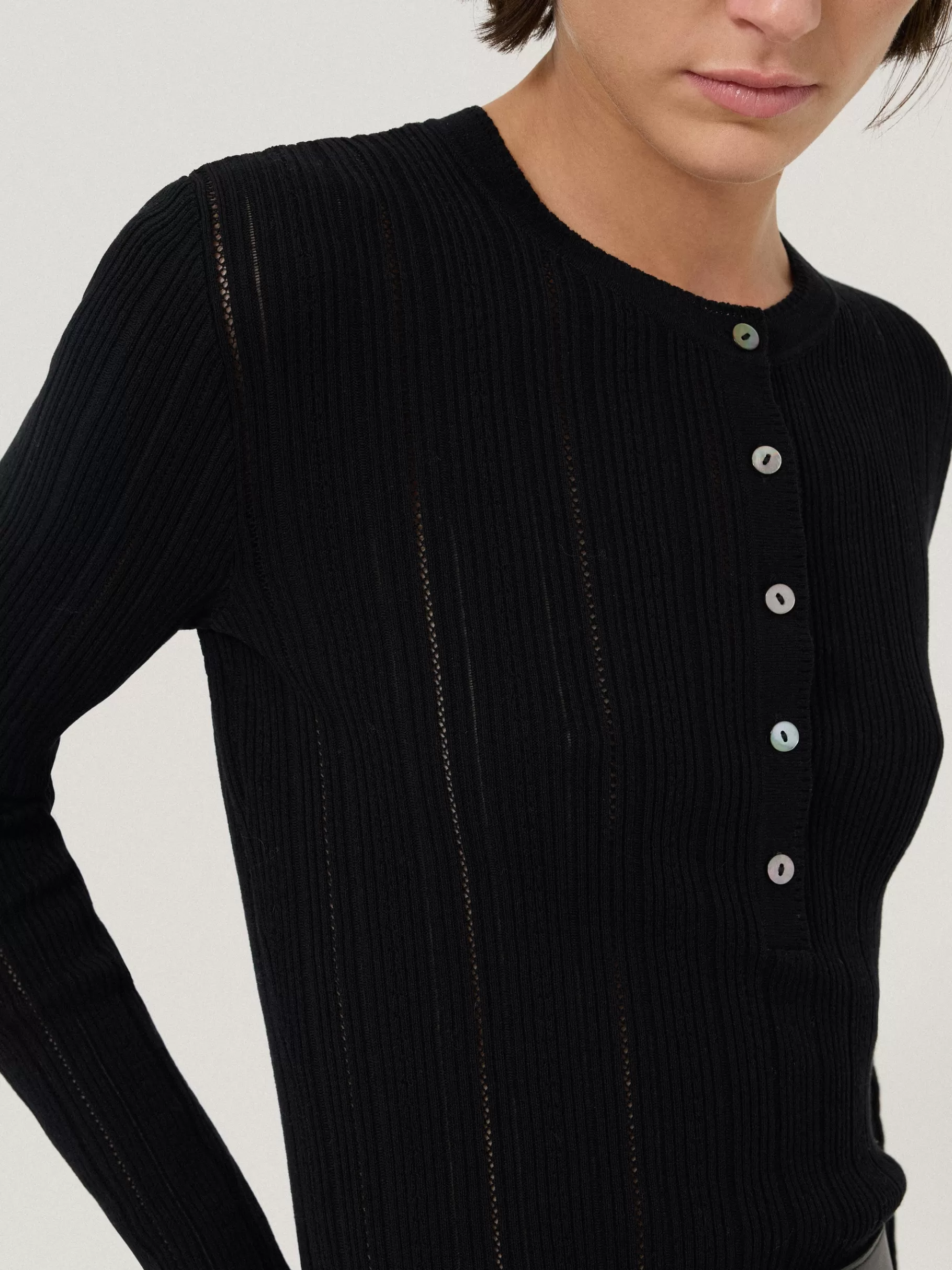 Jigsaw Knitwear & Cashmere-Rib Pointelle Henley Jumper Black