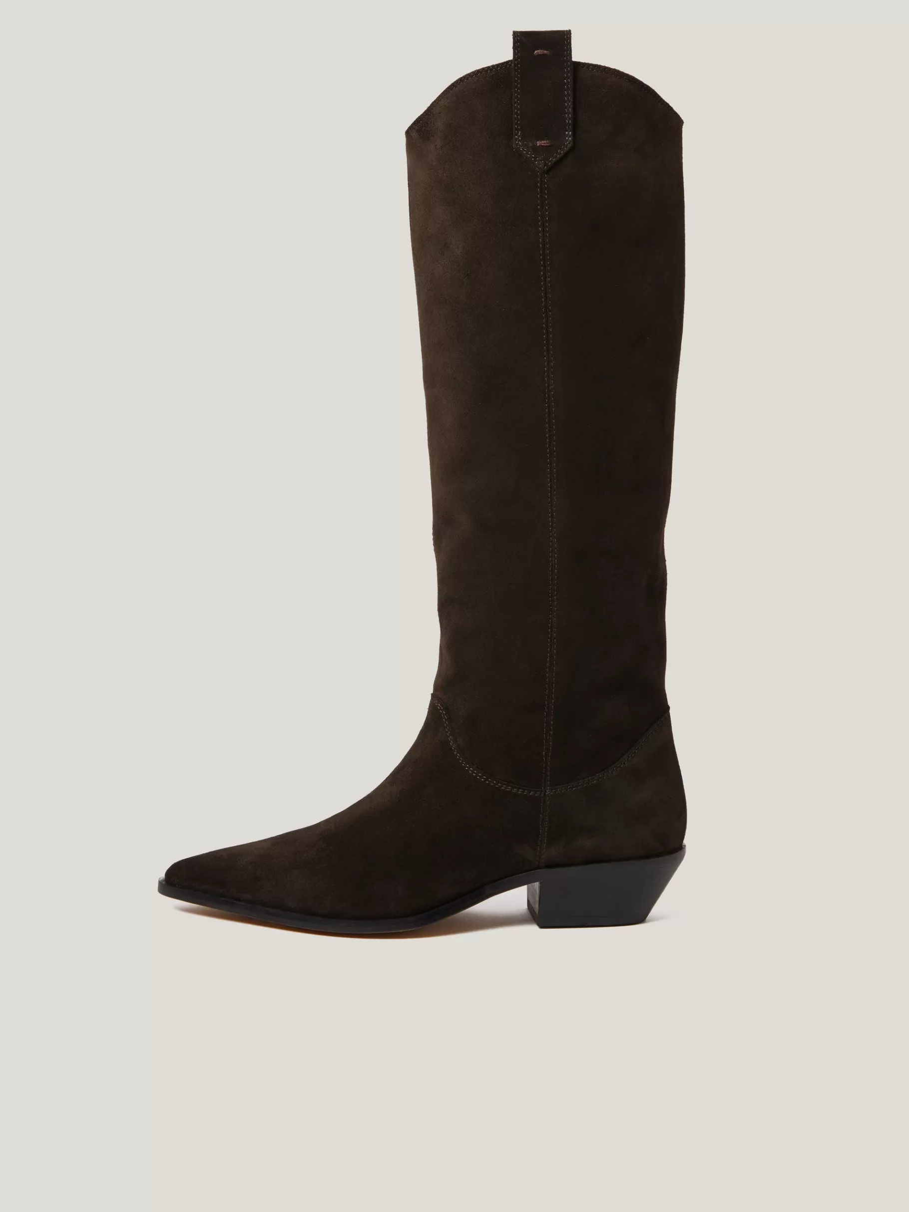 Jigsaw Boots-Suede Knee High Western Boot Chocolate