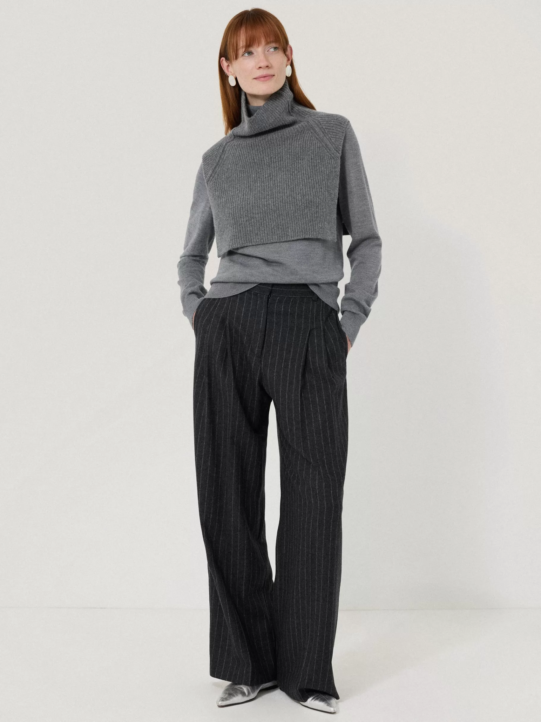 Jigsaw Ponchos & Scarves | Shirts & Tops-Wool Cashmere Roll Neck Bib Grey