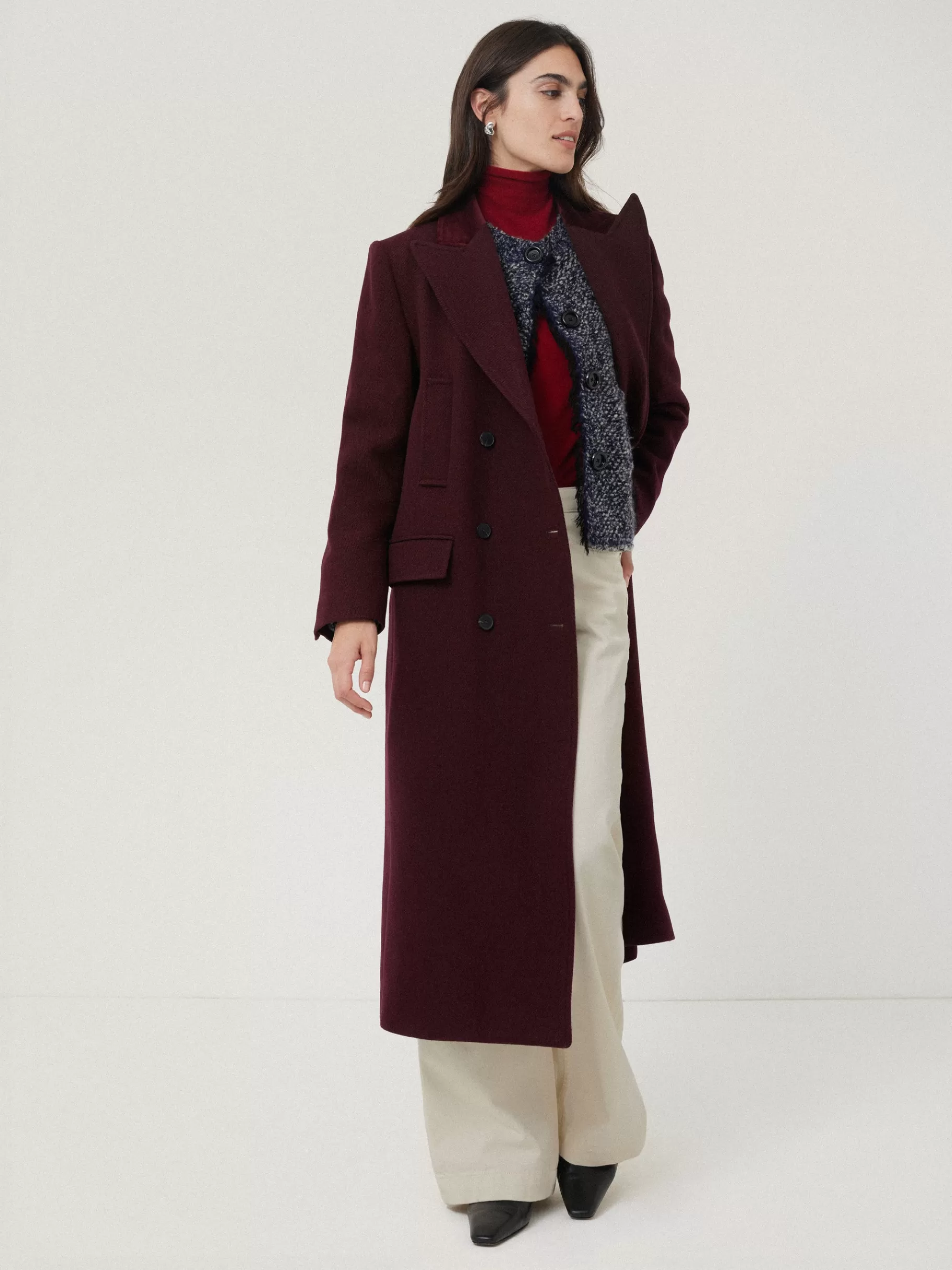 Jigsaw Coats & Jackets-Wool Double Breasted Overcoat Burgundy